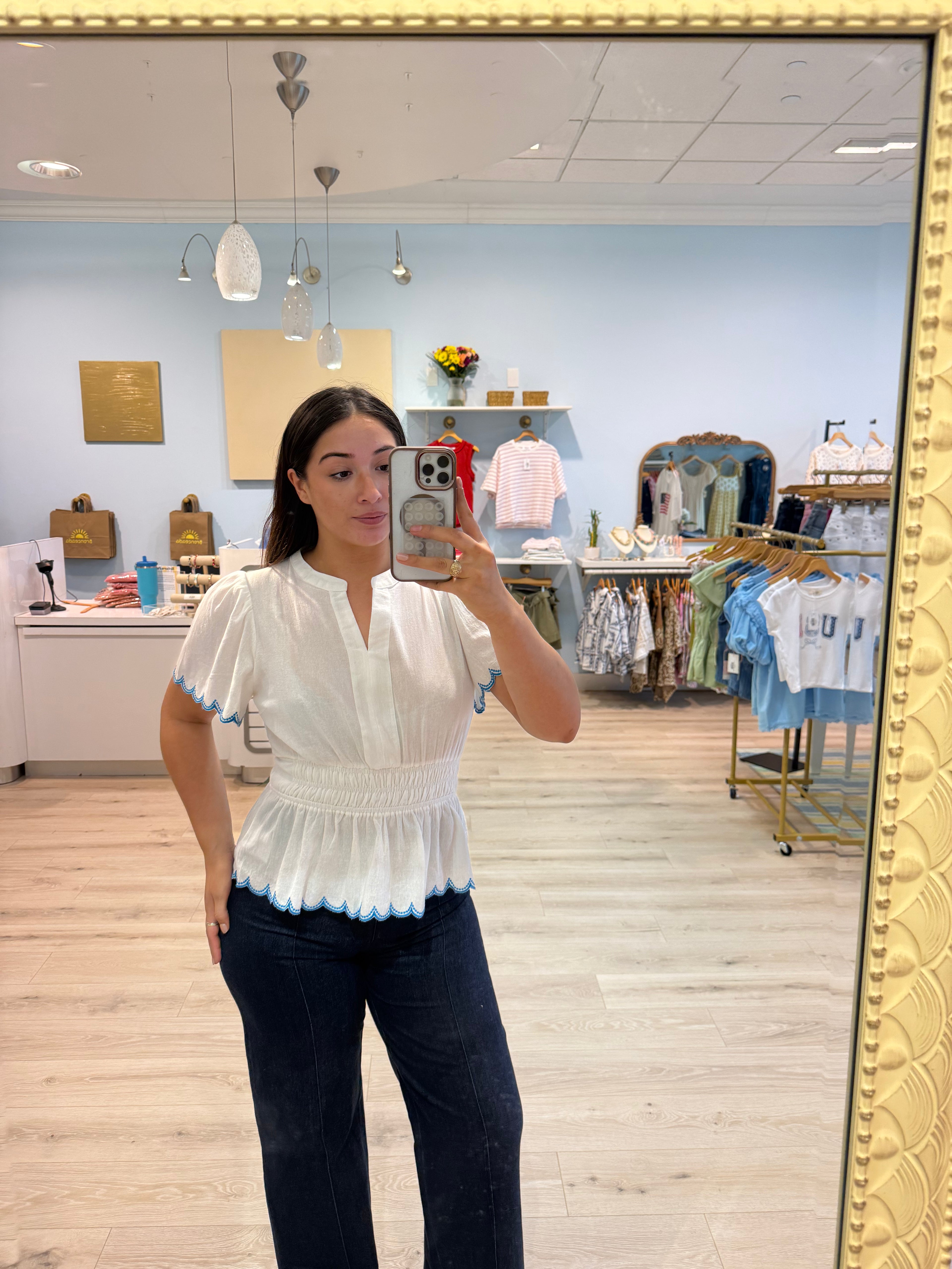 stitched waist blue trim top