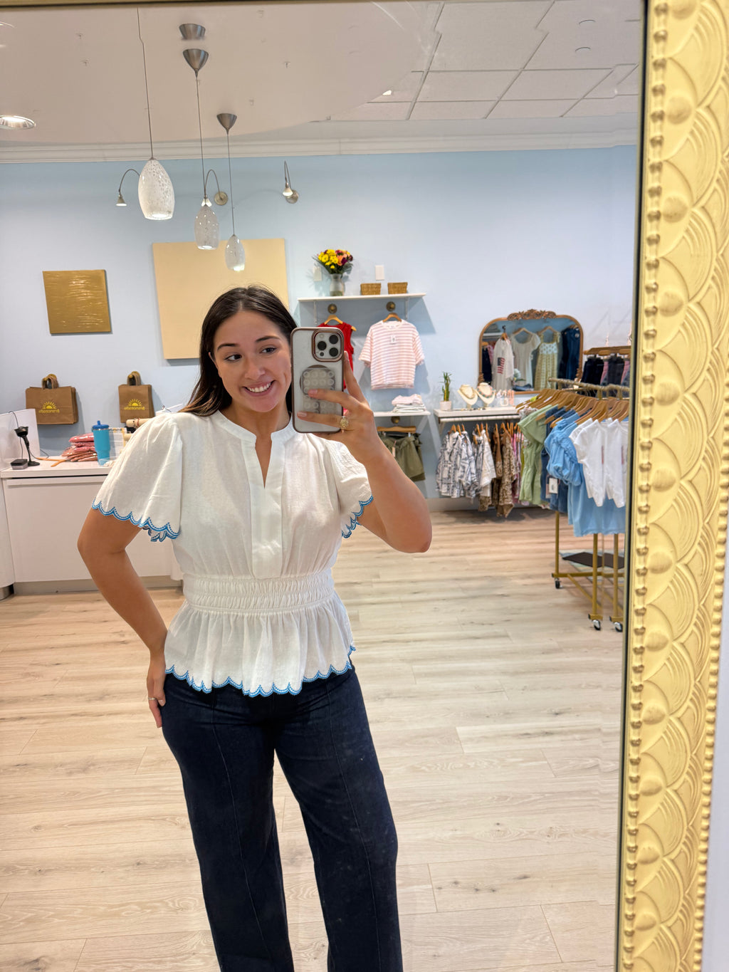 stitched waist blue trim top
