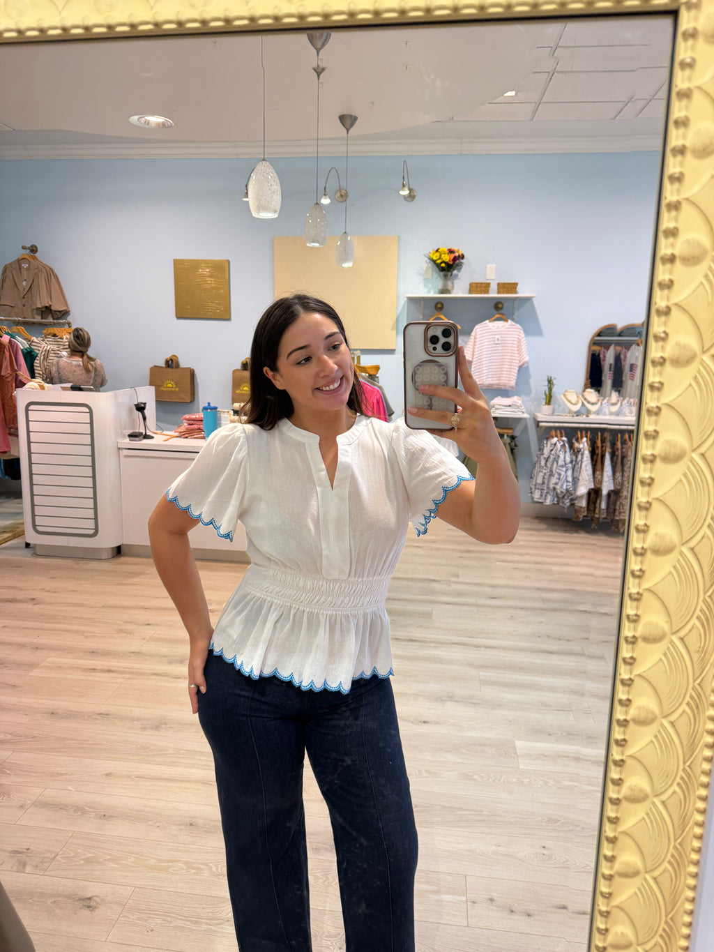 stitched waist blue trim top