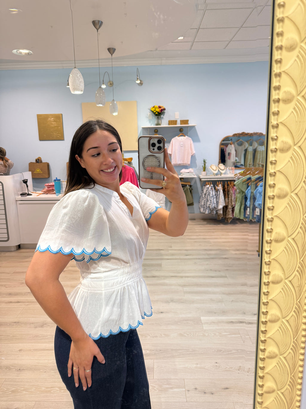 stitched waist blue trim top