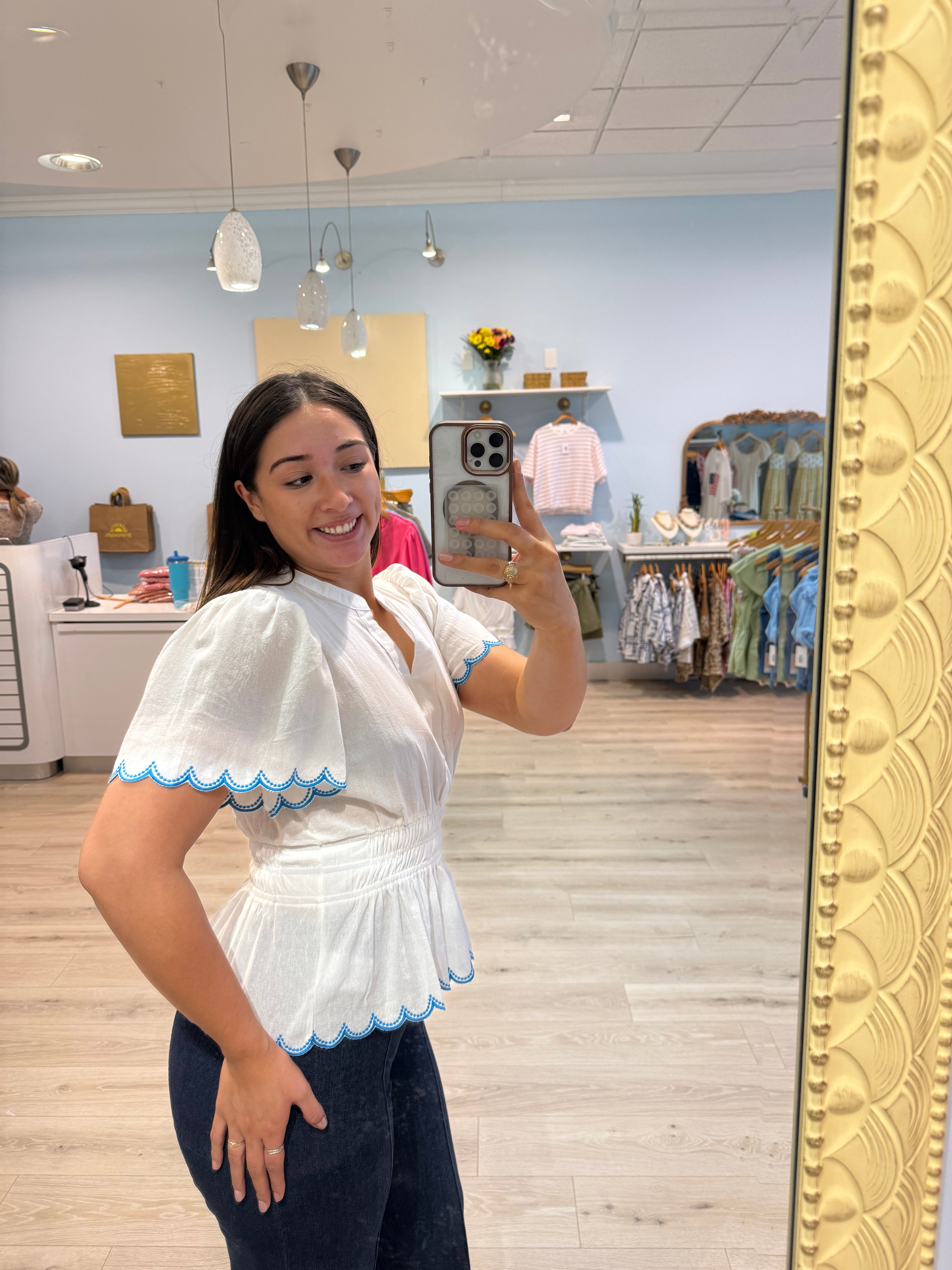 stitched waist blue trim top