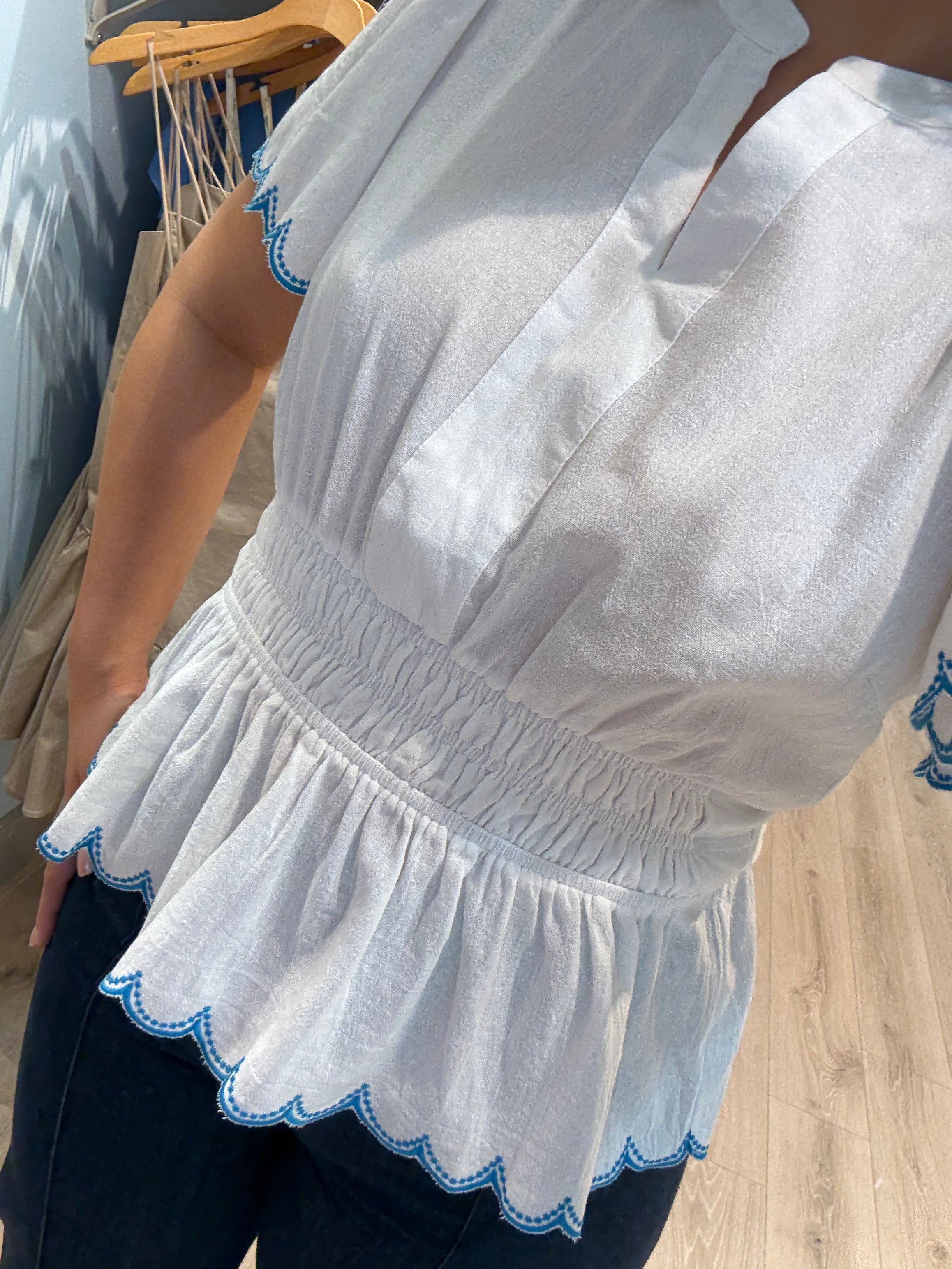 stitched waist blue trim top