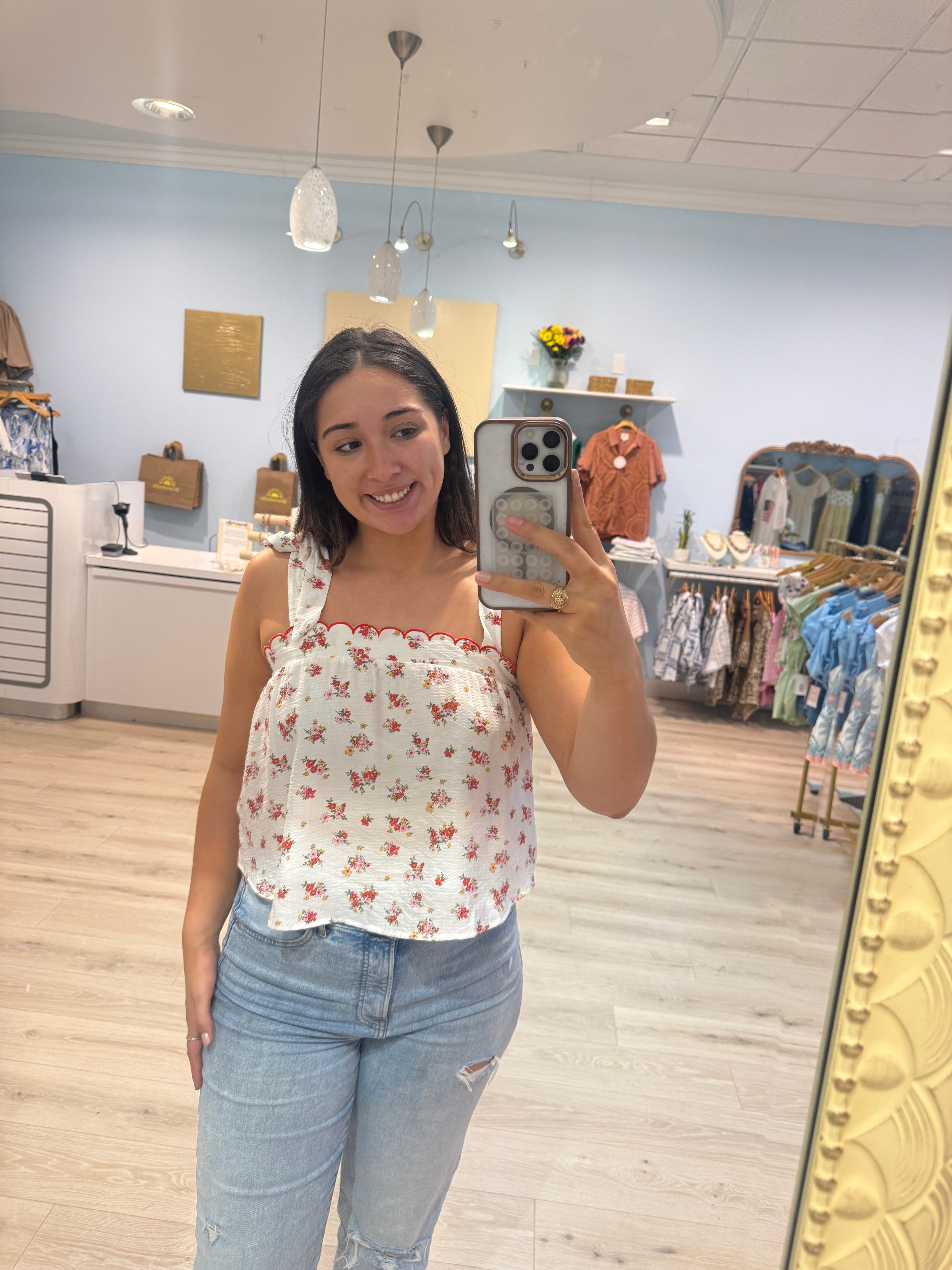 red floral trim tank