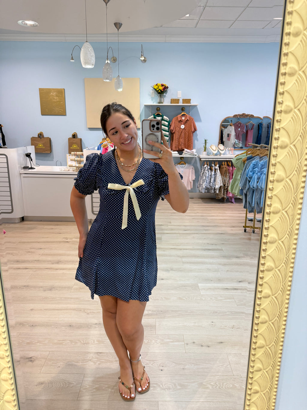 navy polka dot dress