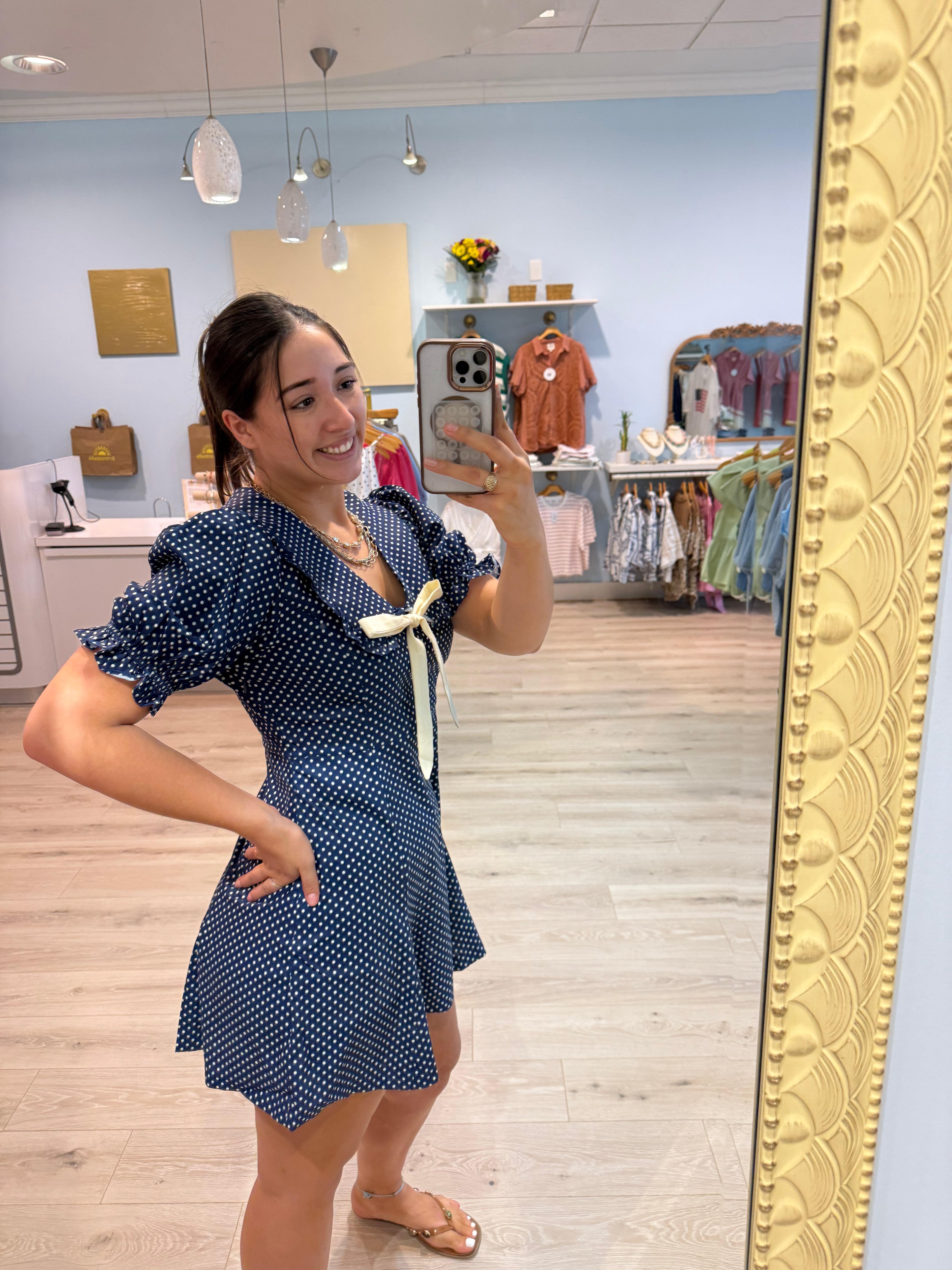 navy polka dot dress