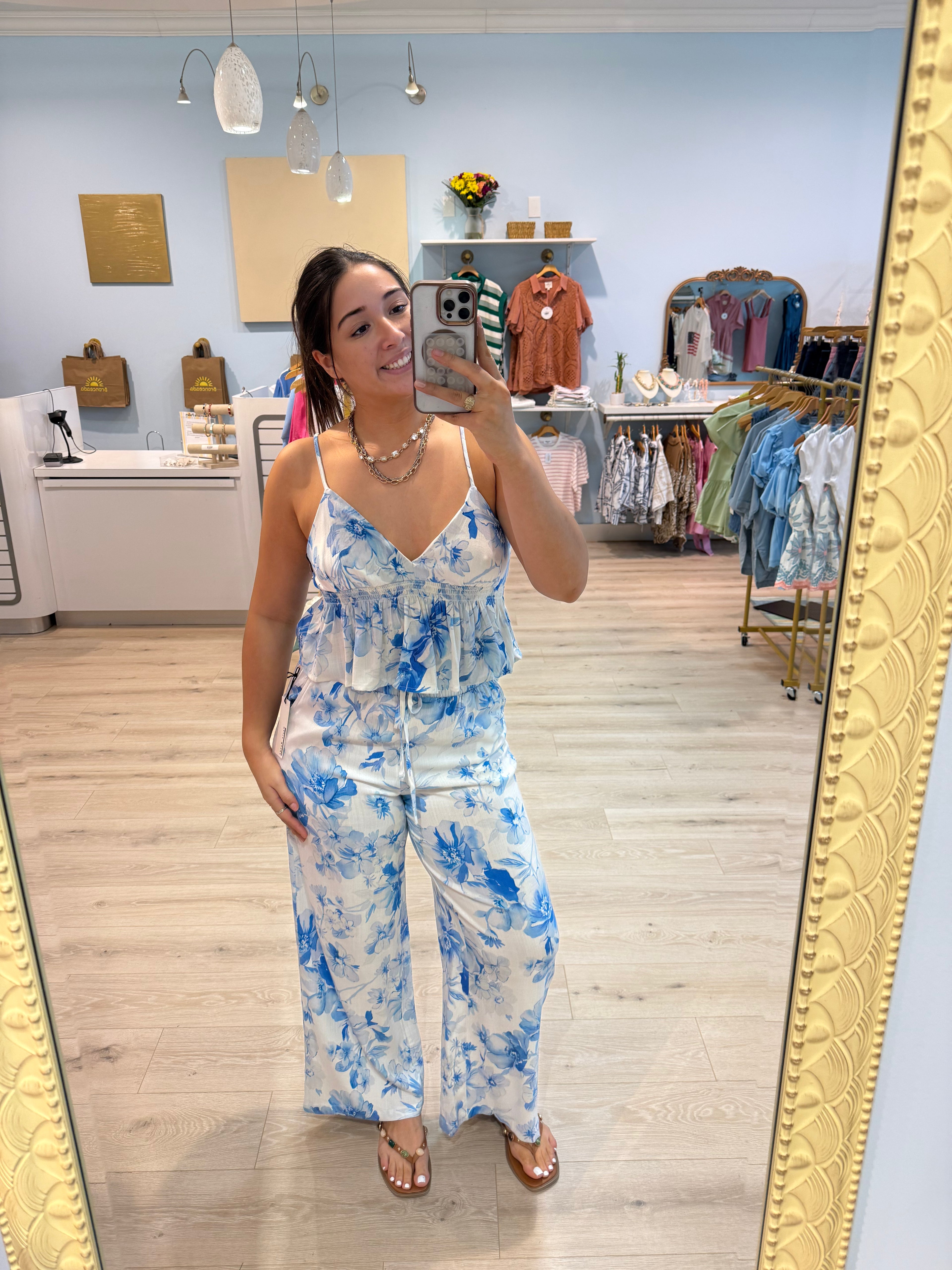 white blue floral wide leg pants