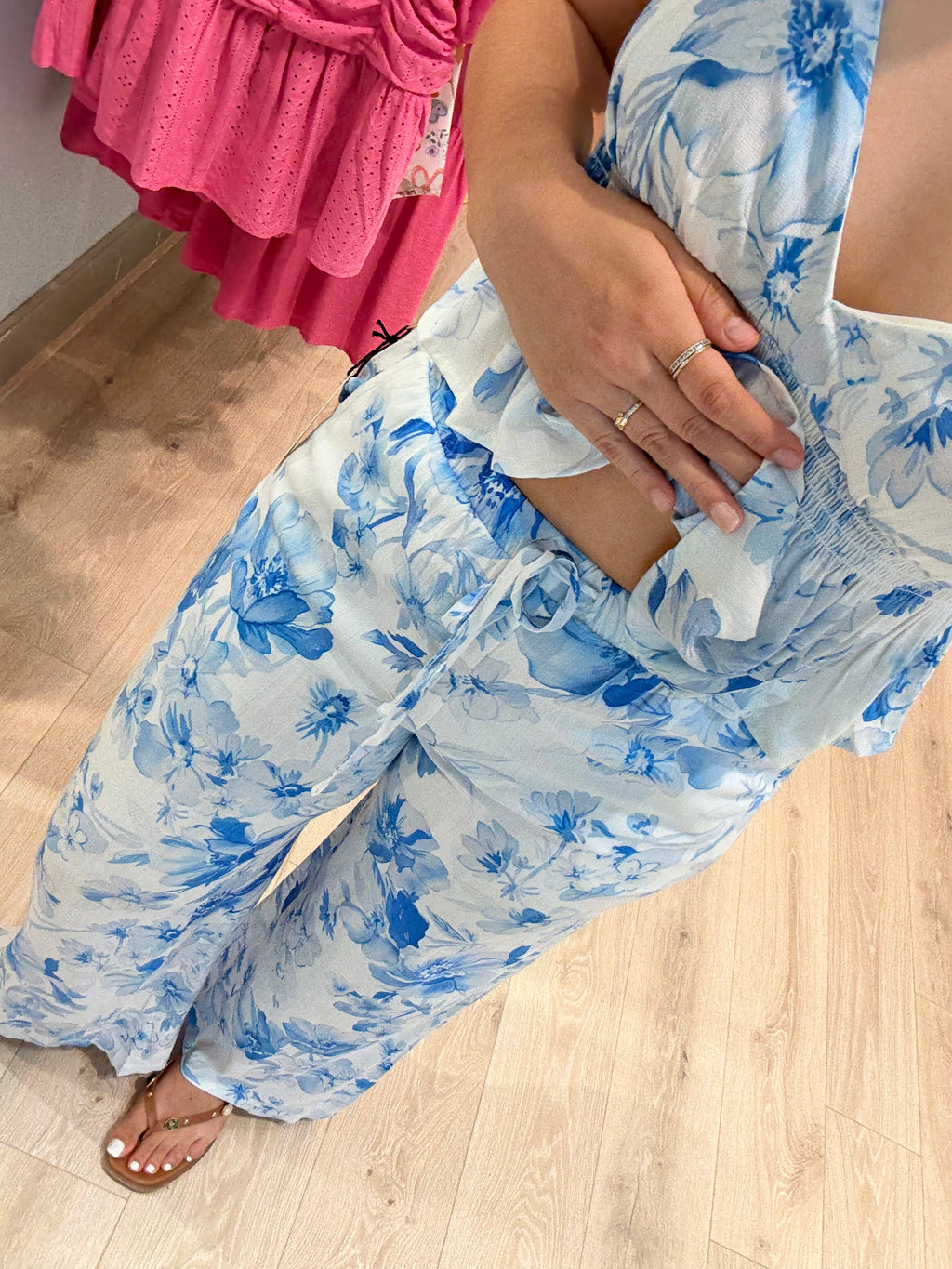 white blue floral wide leg pants