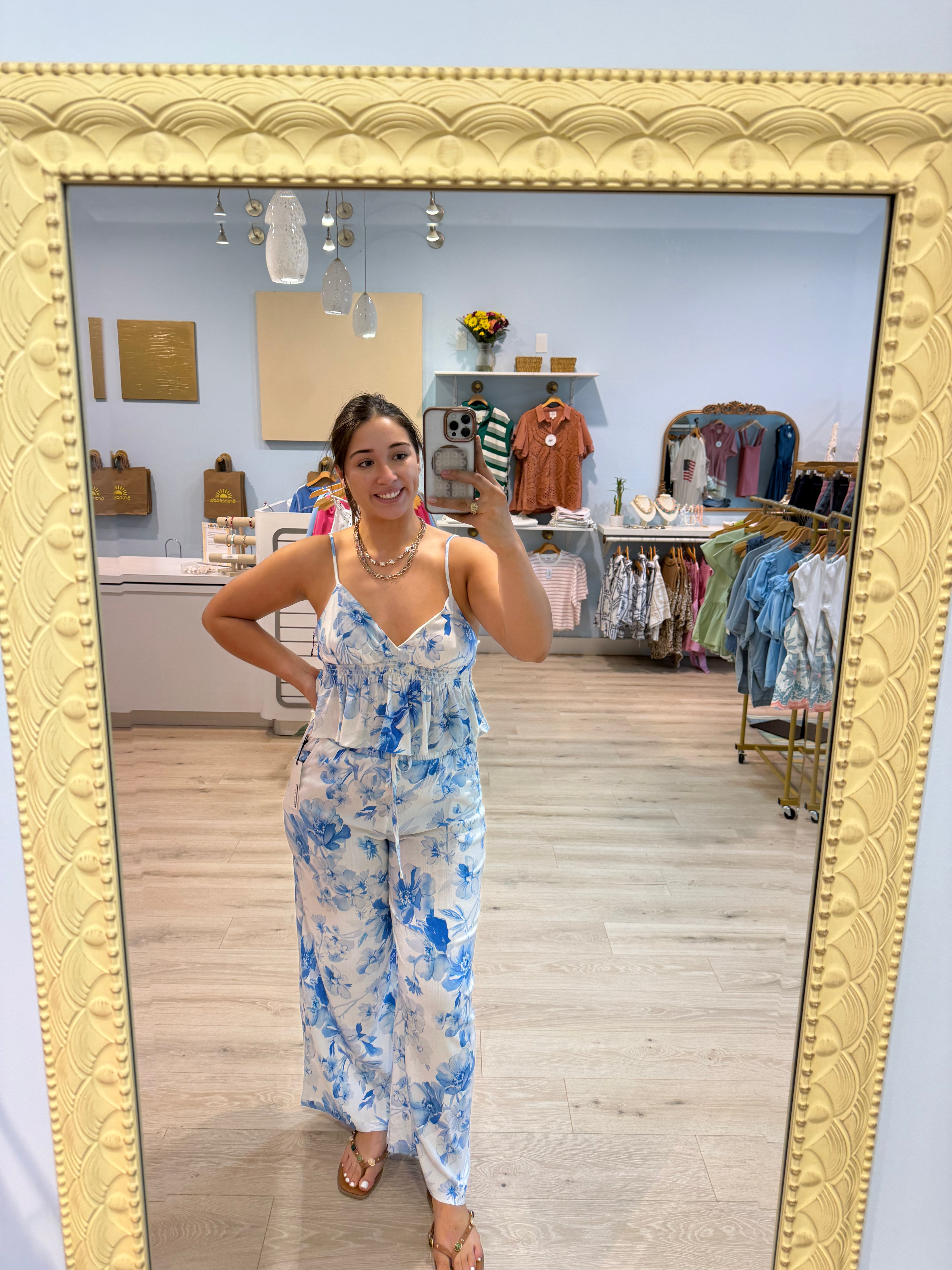 white blue floral wide leg pants