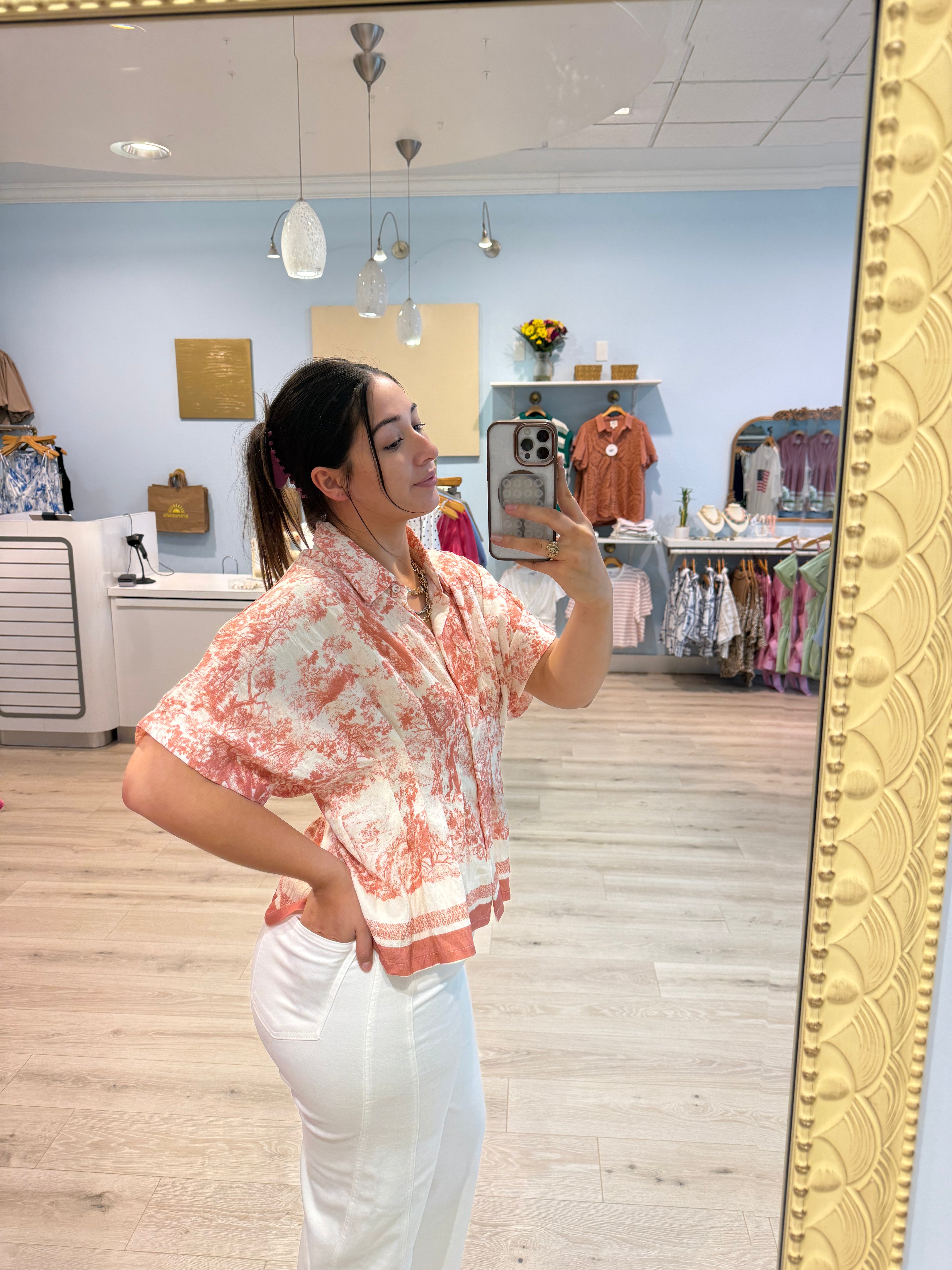 peach waist stitched button up