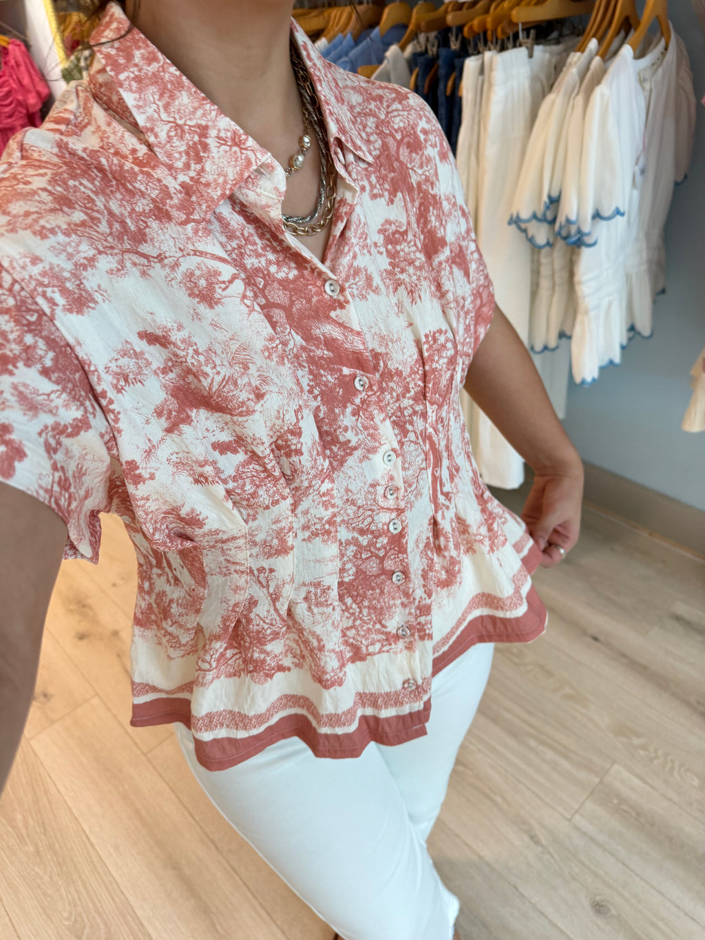 peach waist stitched button up