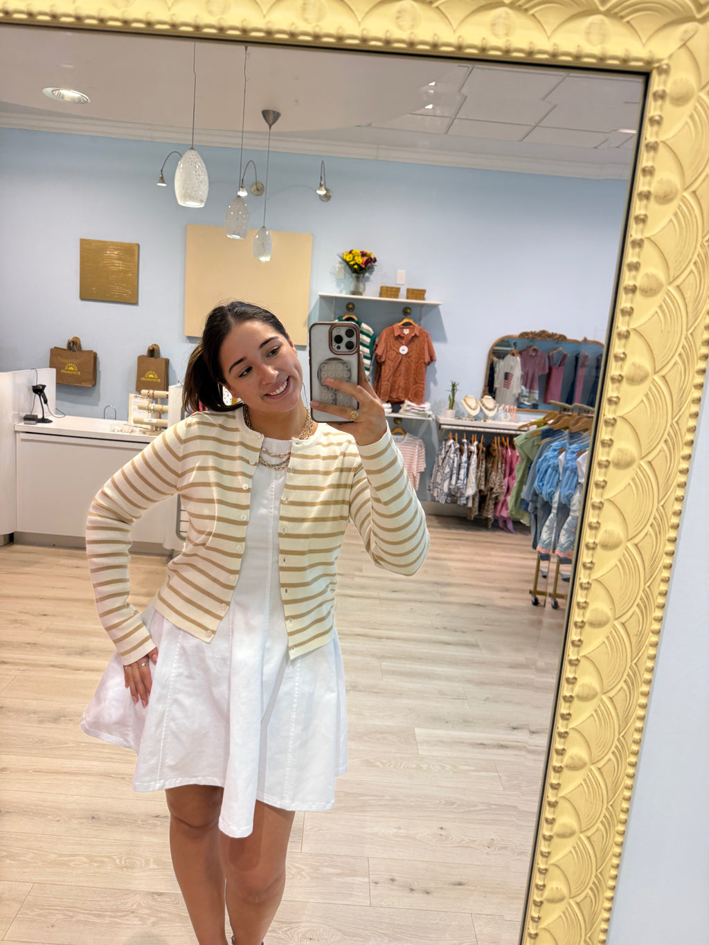 button up cardigan w/ beige strips