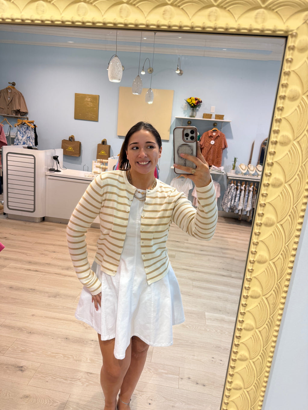 button up cardigan w/ beige strips