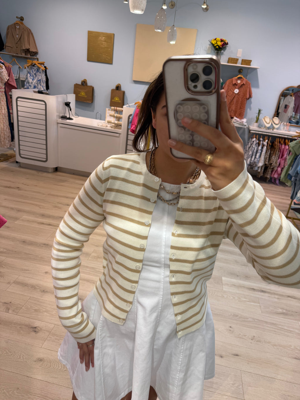 button up cardigan w/ beige strips