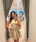 beige mini dress with bows