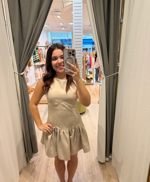 beige mini dress with bows