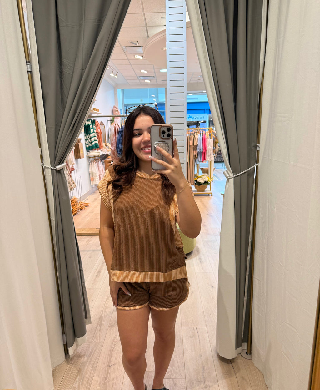 brown two toned ribbed short set