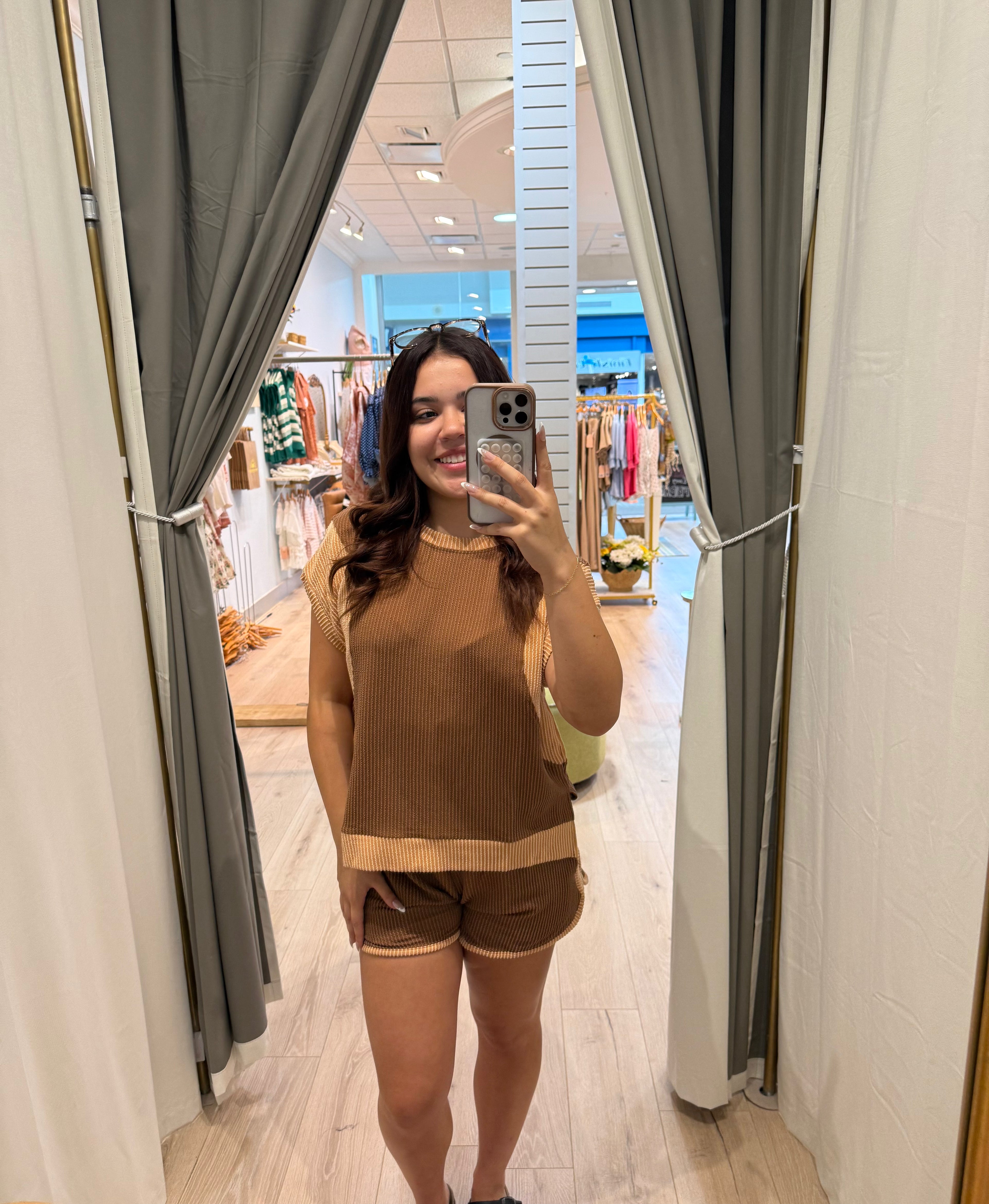 brown two toned ribbed short set