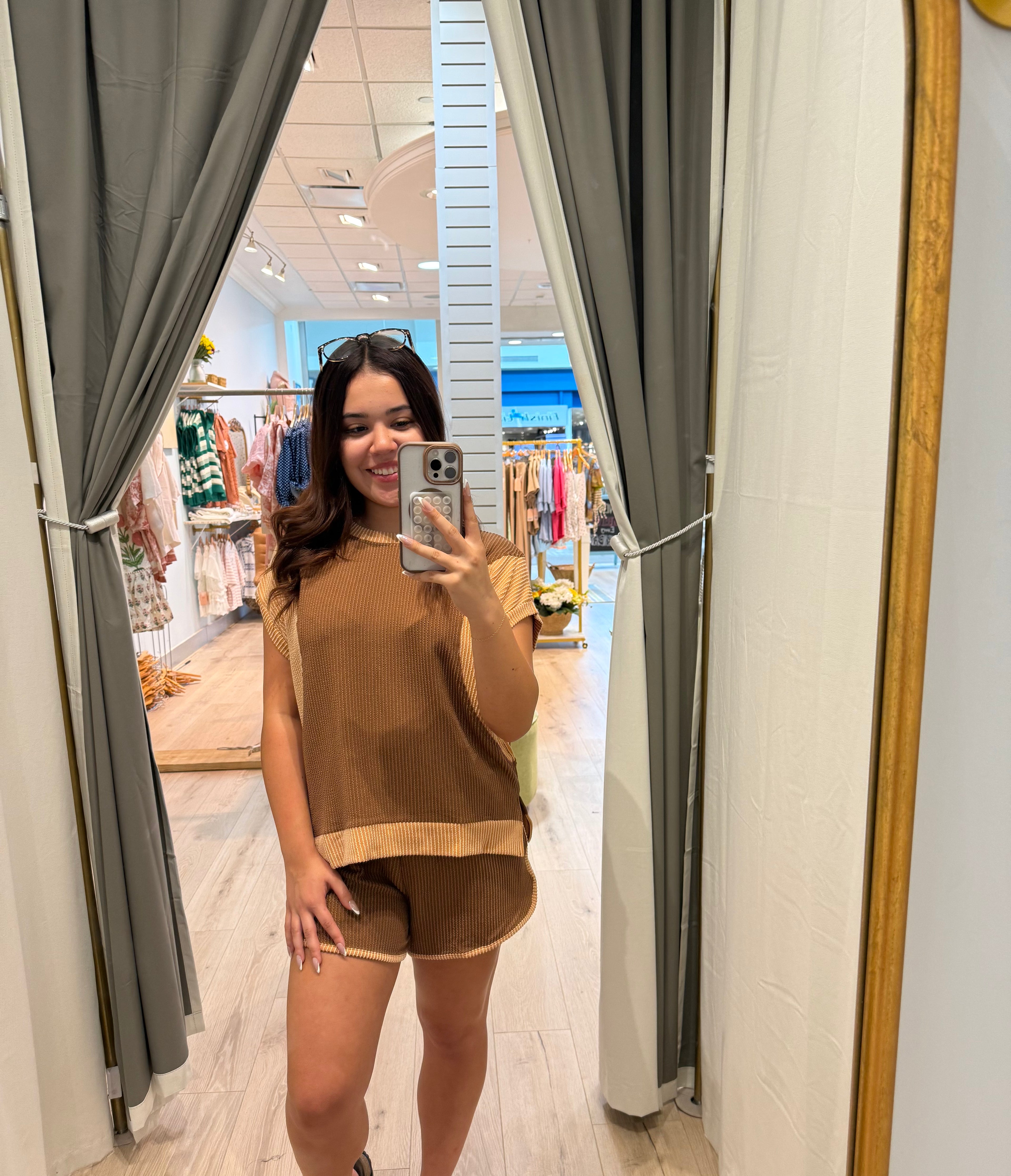 brown two toned ribbed short set