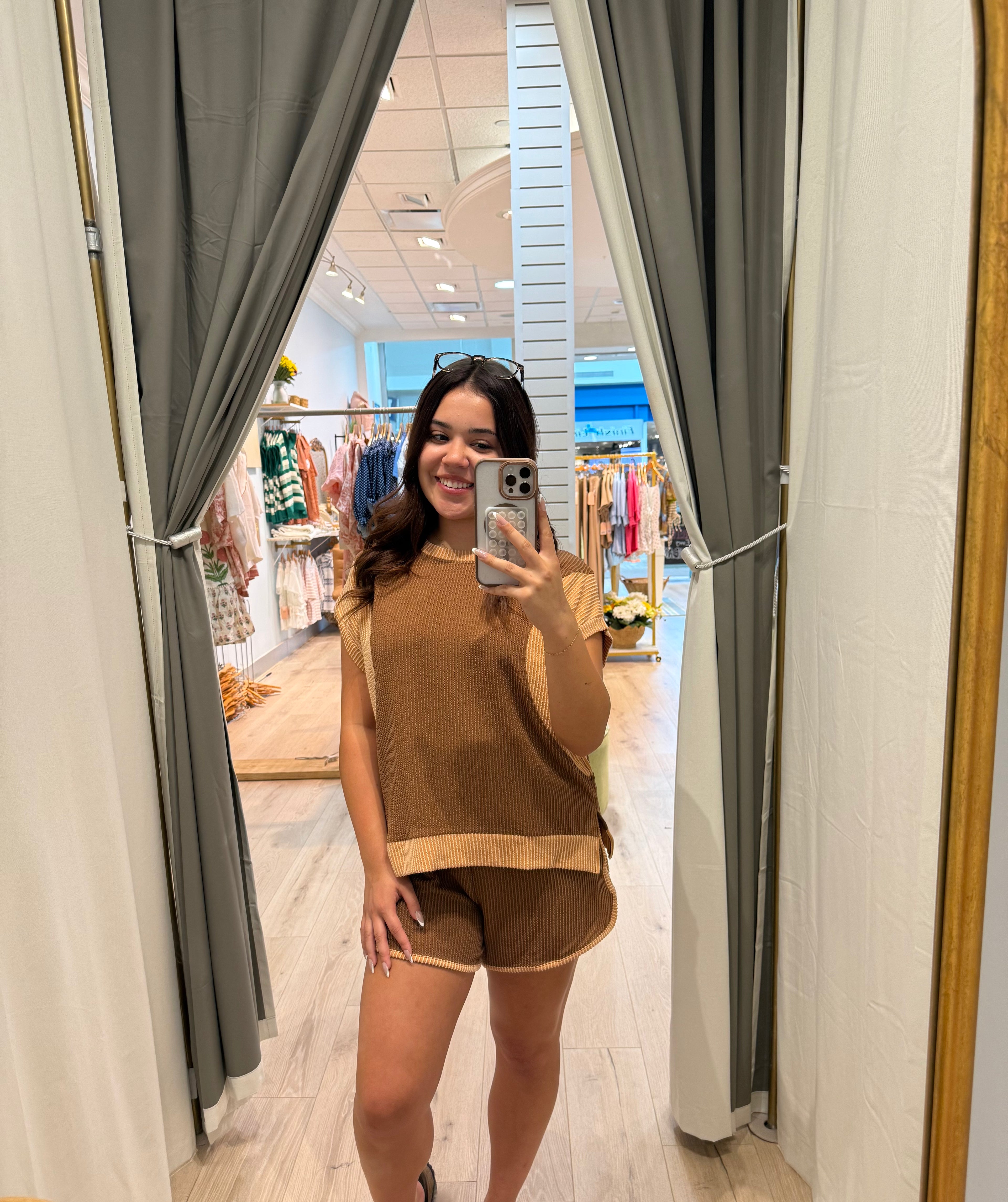brown two toned ribbed short set
