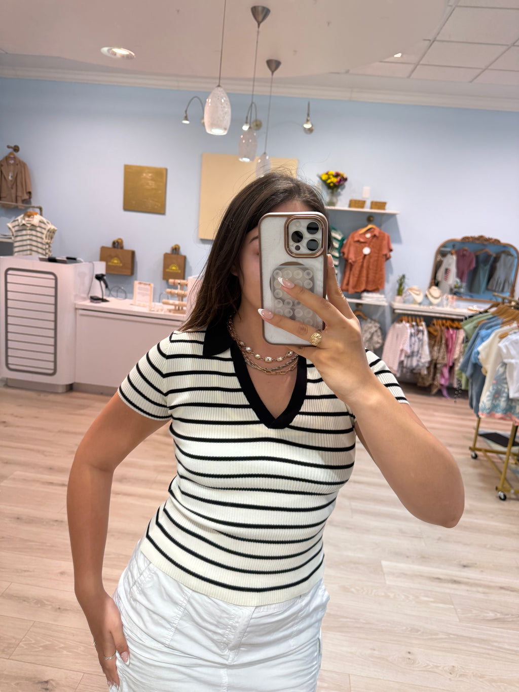 white and black collared tee