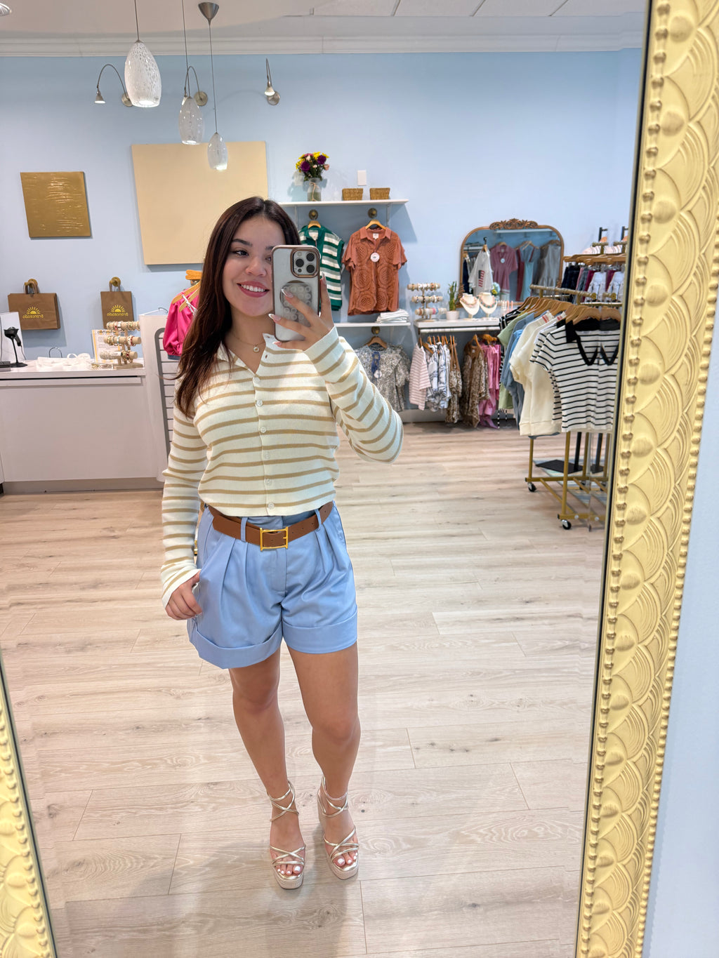 shorts with brown chunky belt