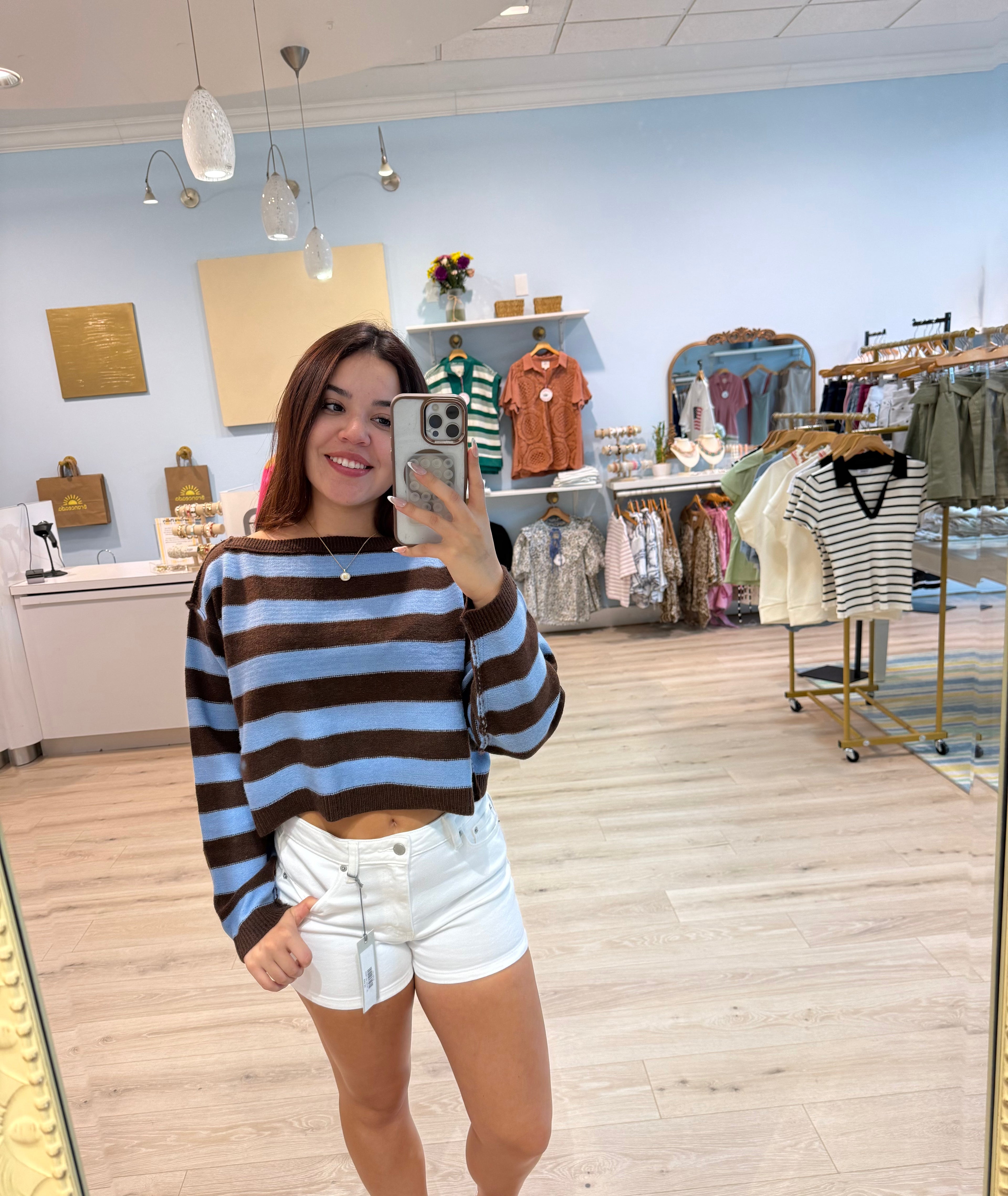 drop shoulder stripped sweater