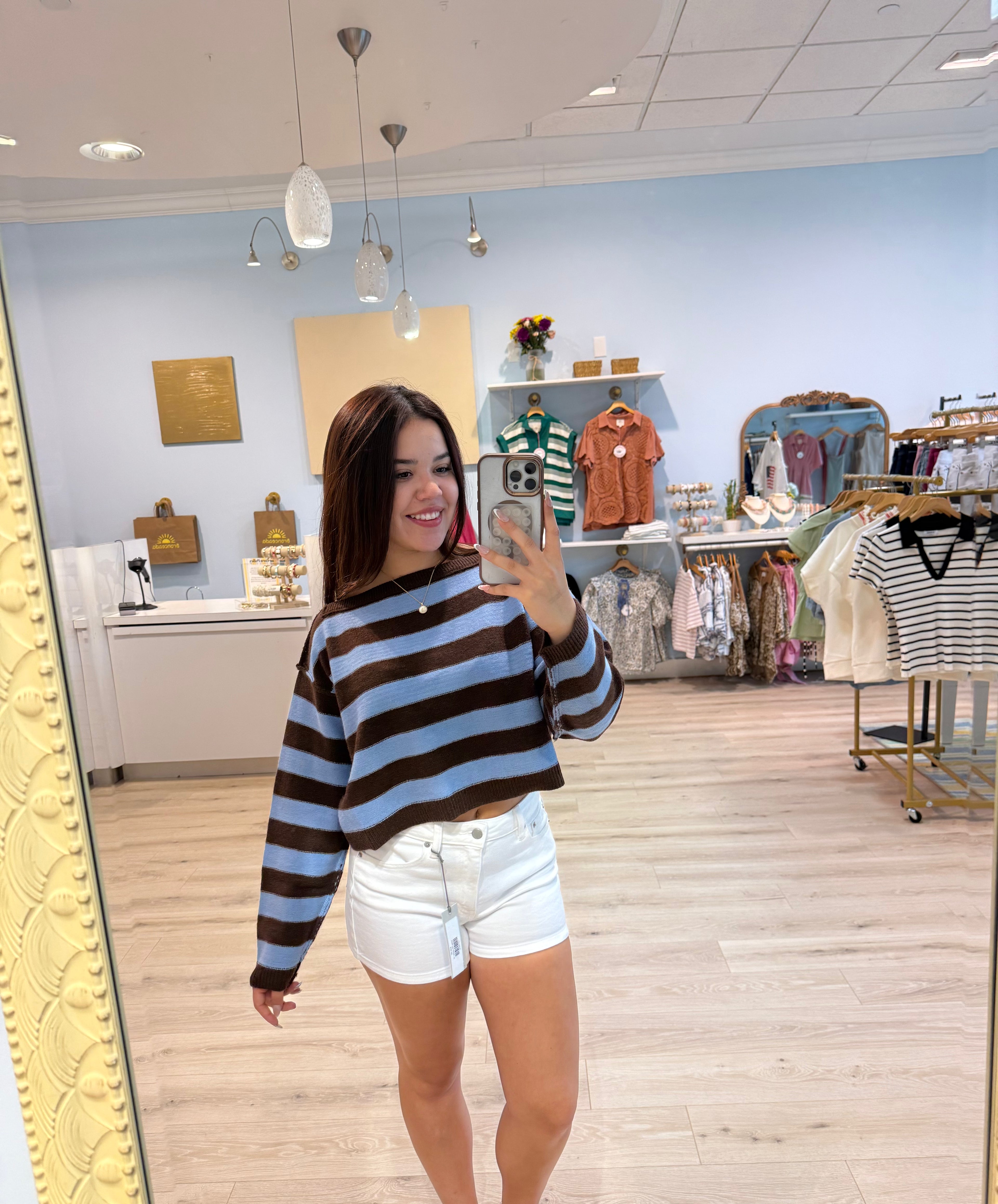 drop shoulder stripped sweater