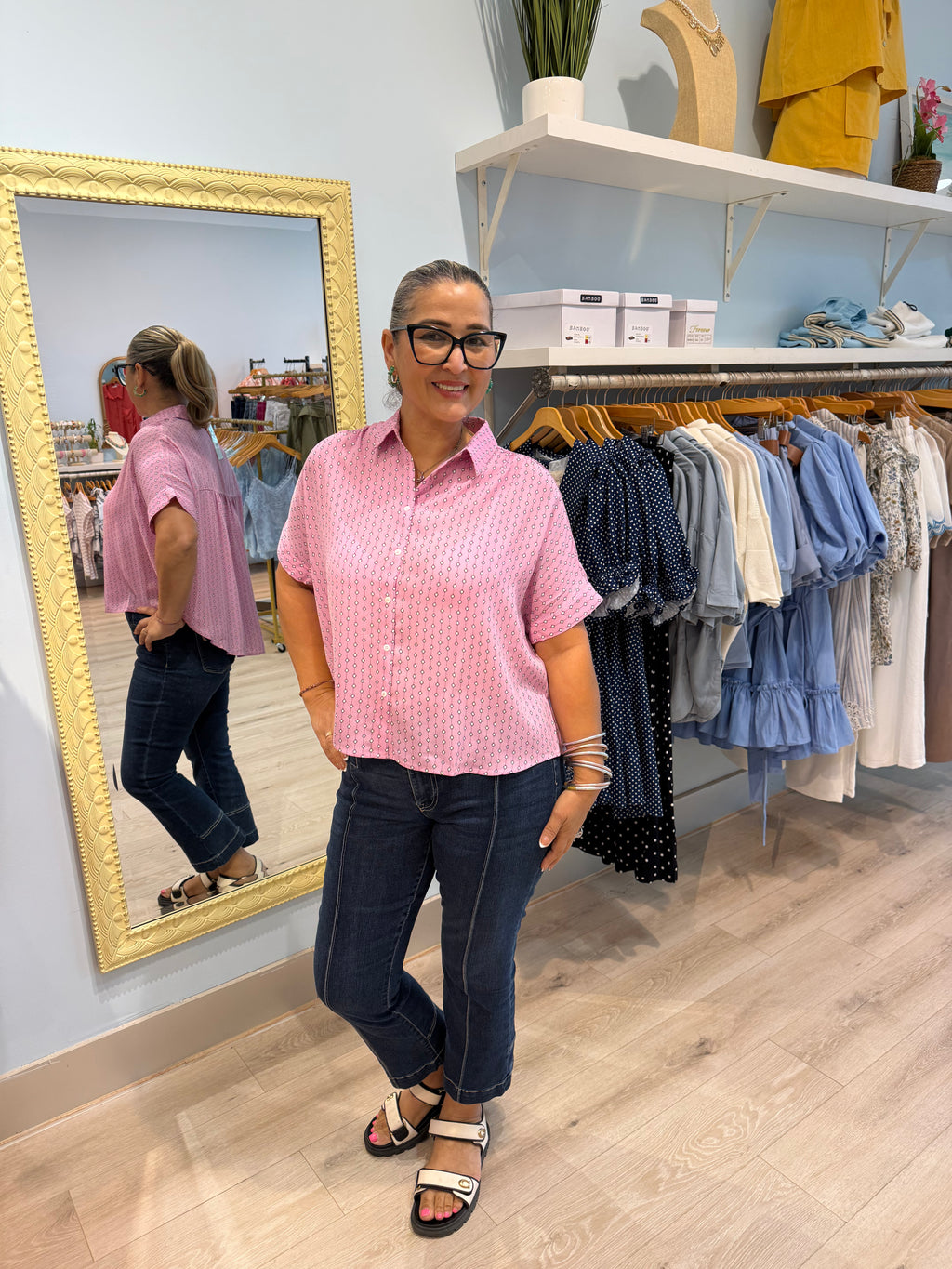 light pink button up