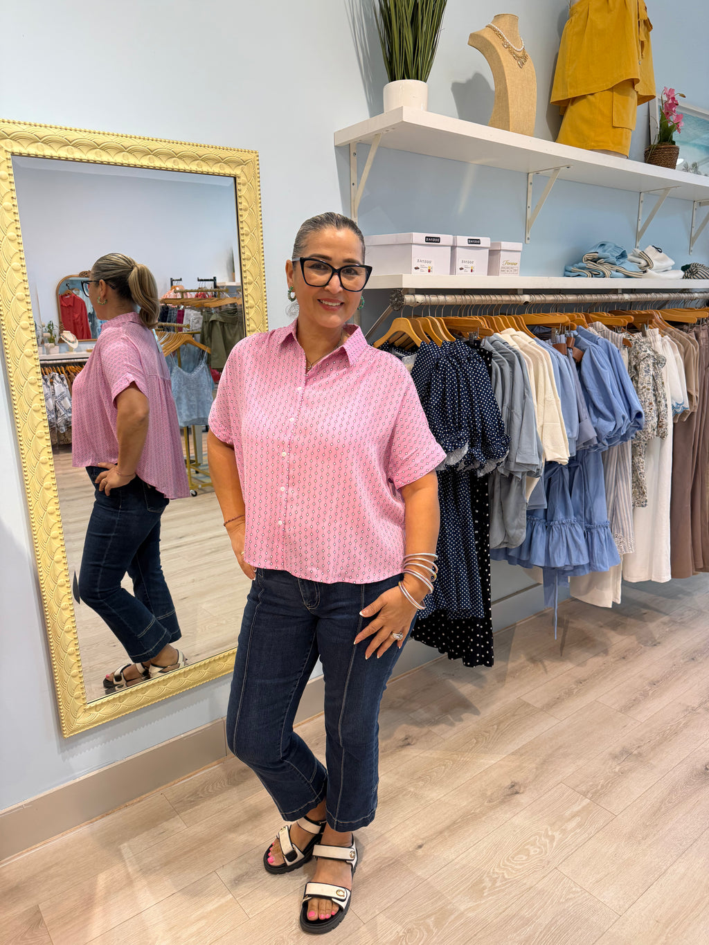 light pink button up