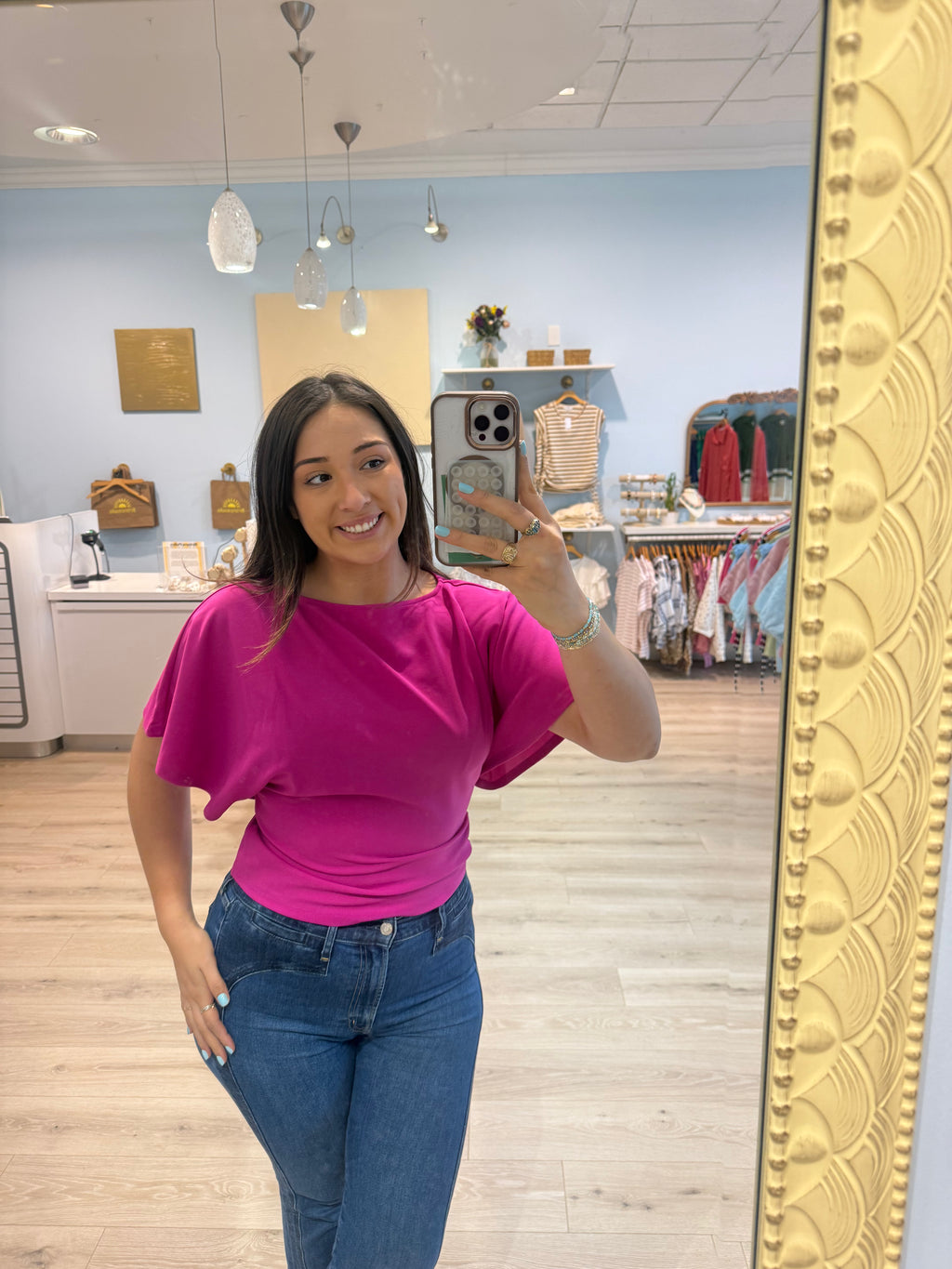 magenta shirt