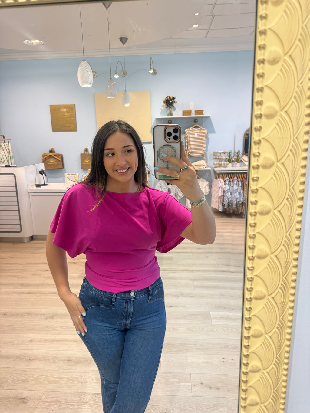 magenta shirt