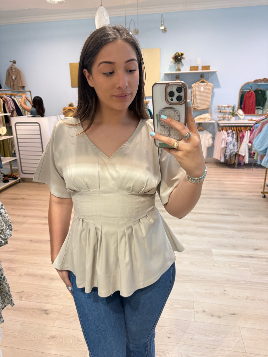 taupe waist detail blouse