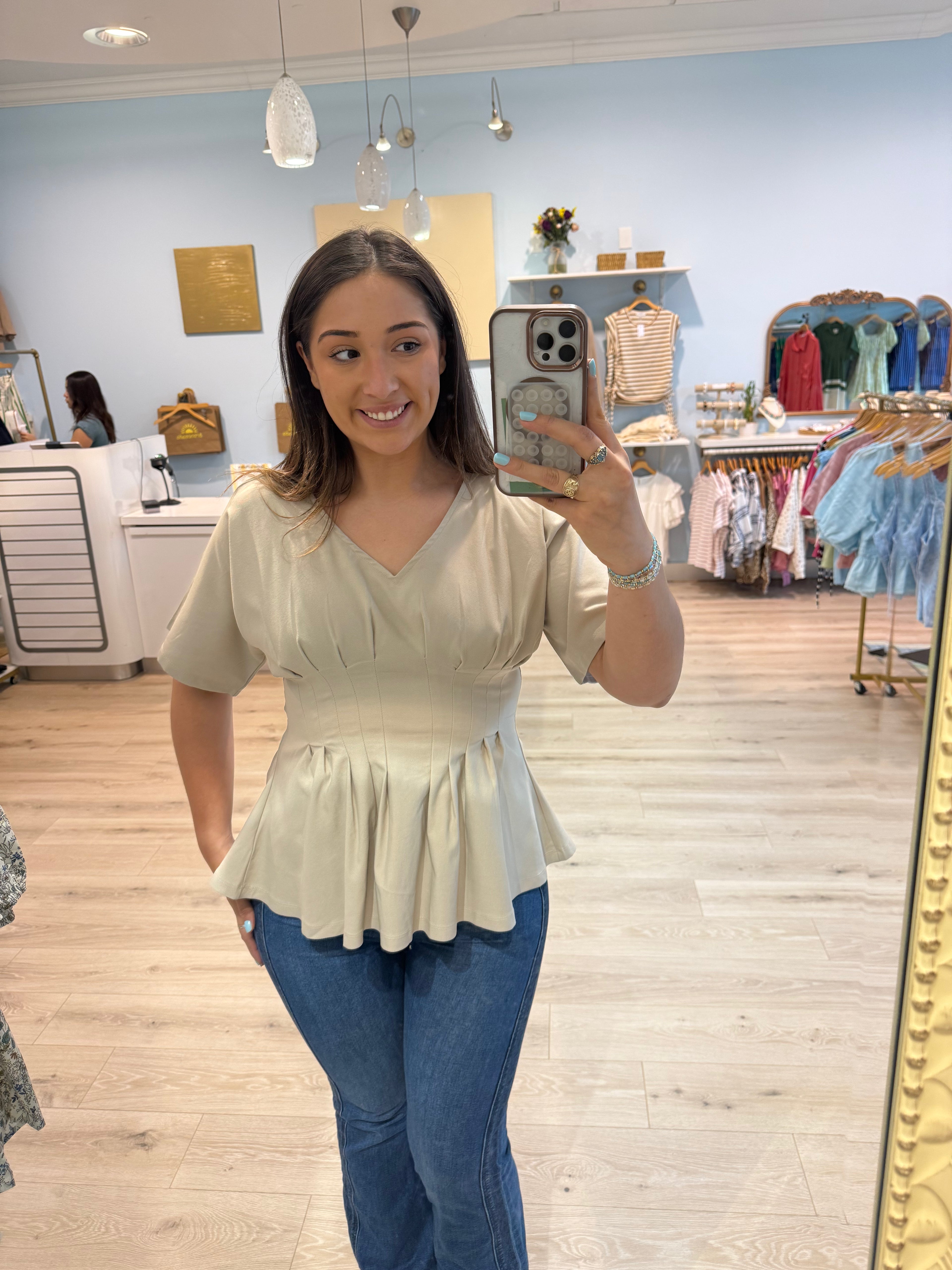 taupe waist detail blouse