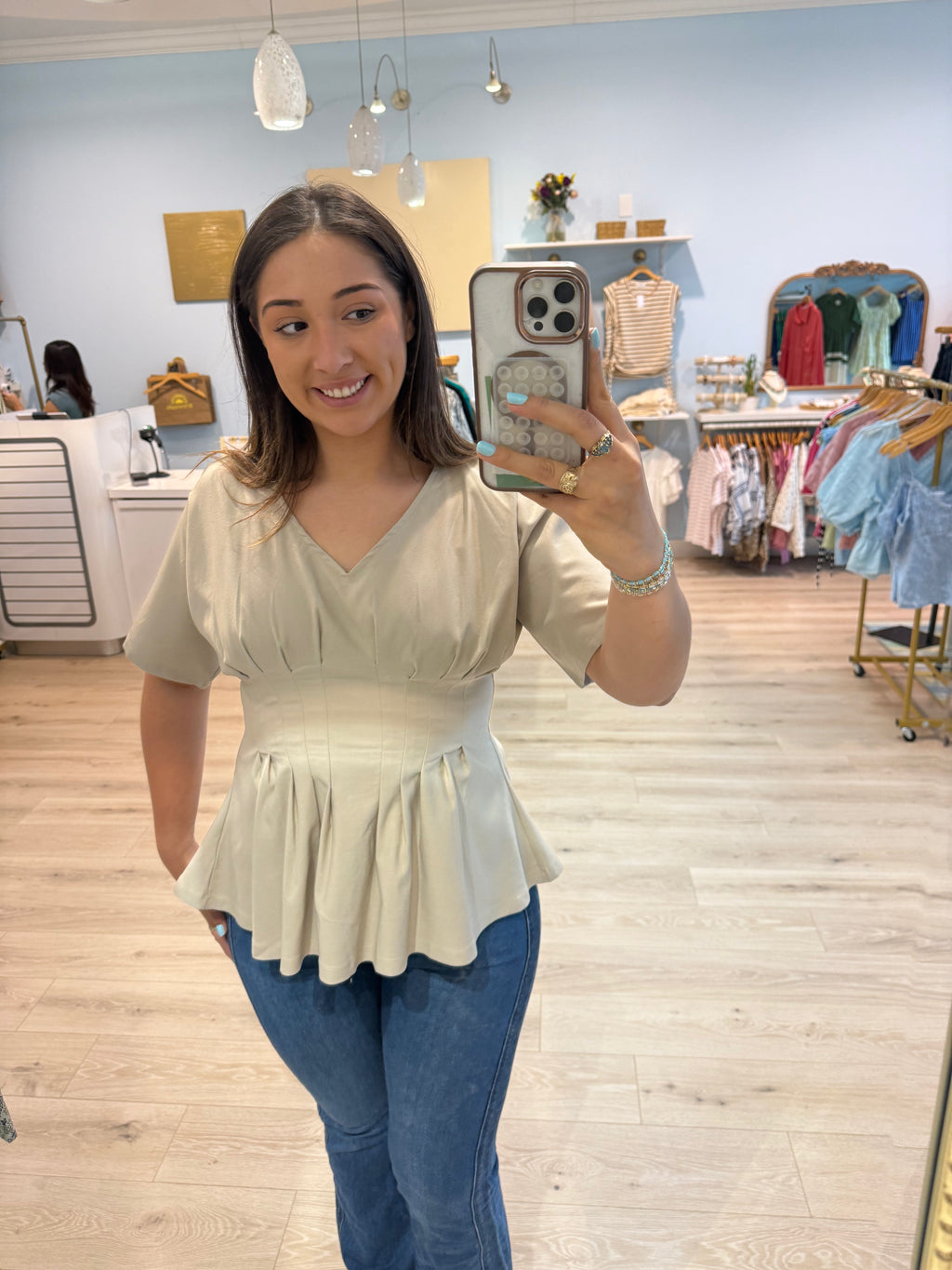 taupe waist detail blouse