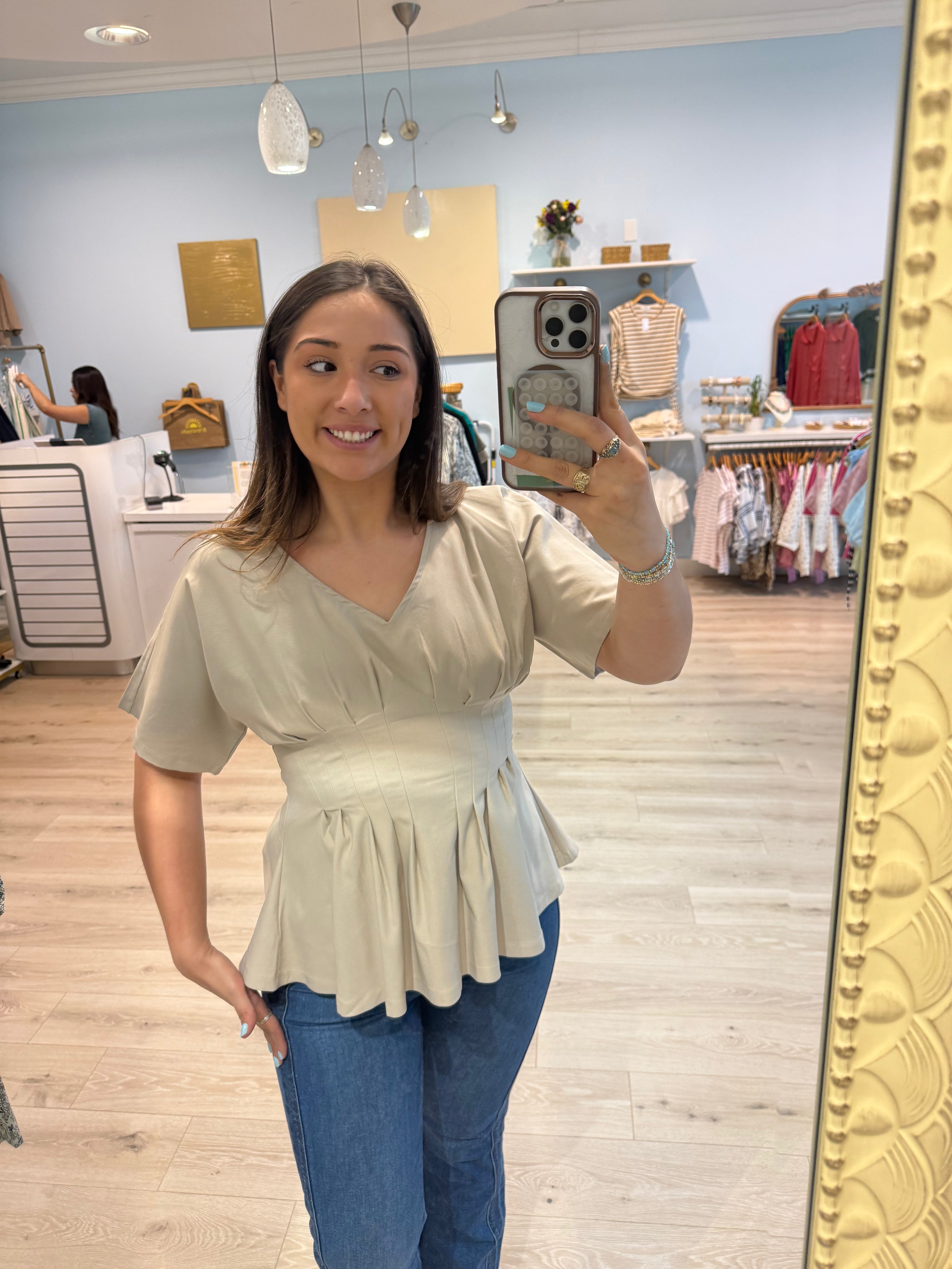 taupe waist detail blouse