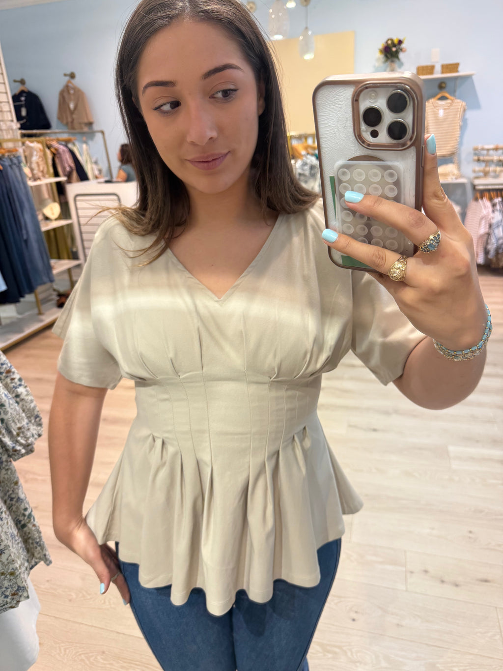taupe waist detail blouse