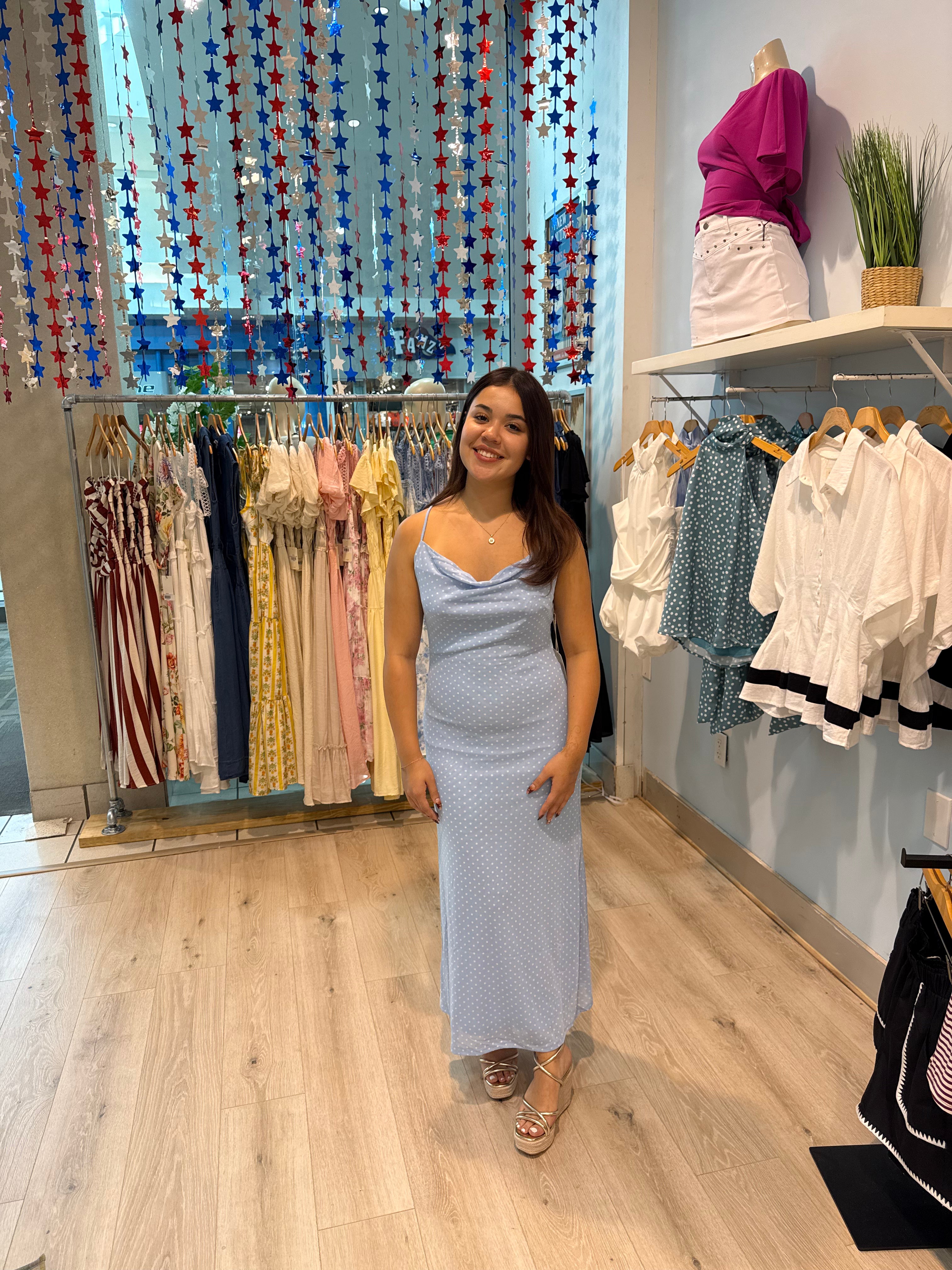 blush blue polka dot maxi