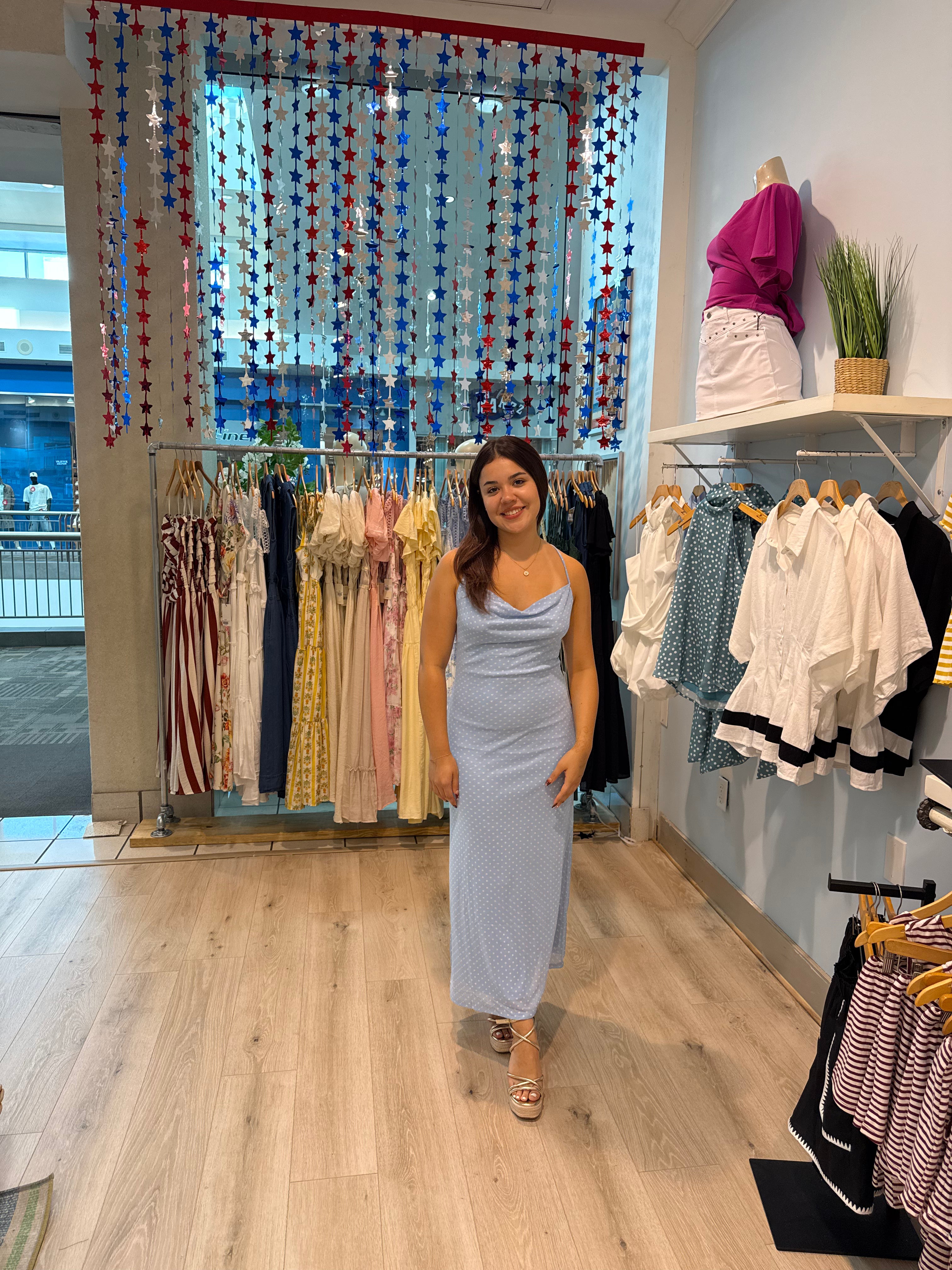 blush blue polka dot maxi