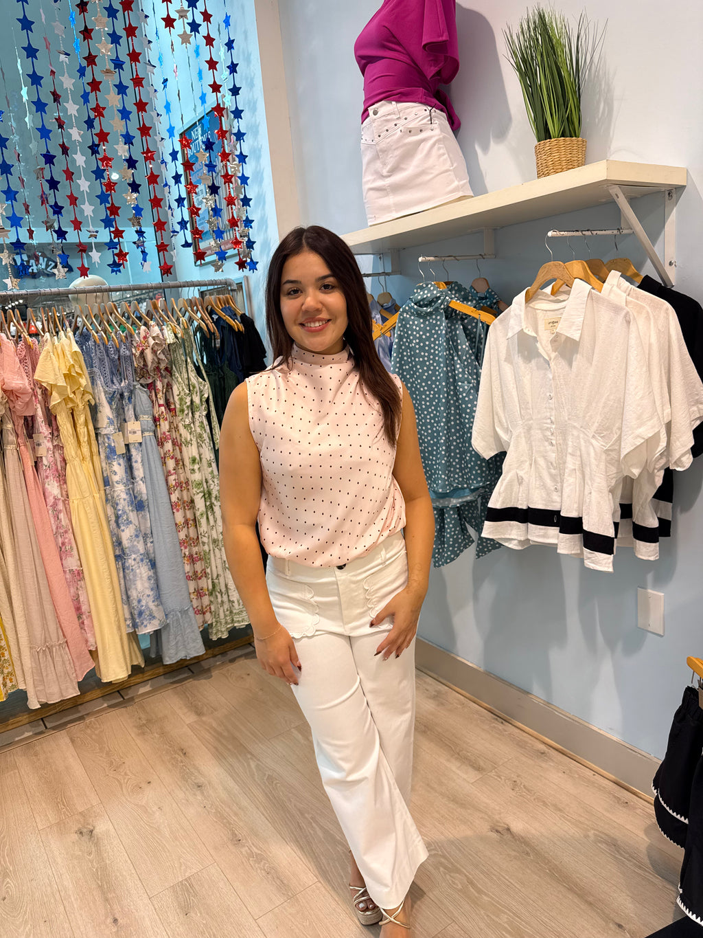 light pink polka dot blouse
