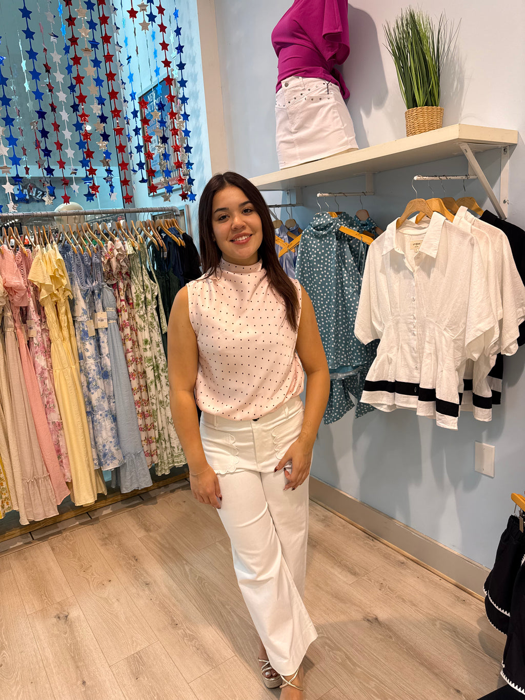 light pink polka dot blouse