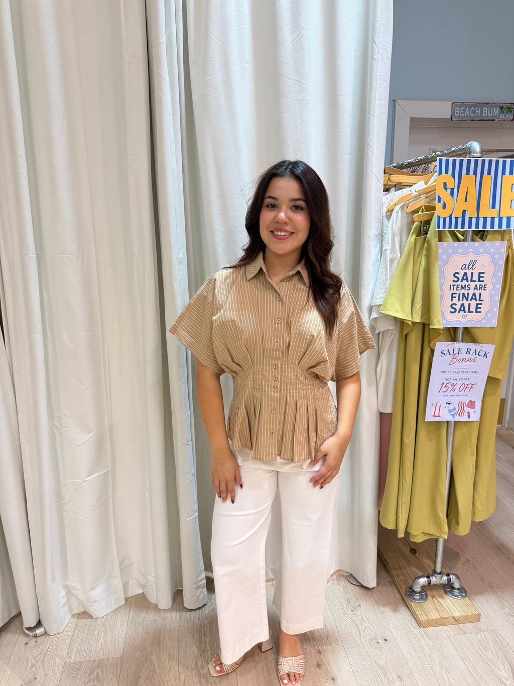 beige stripped button up