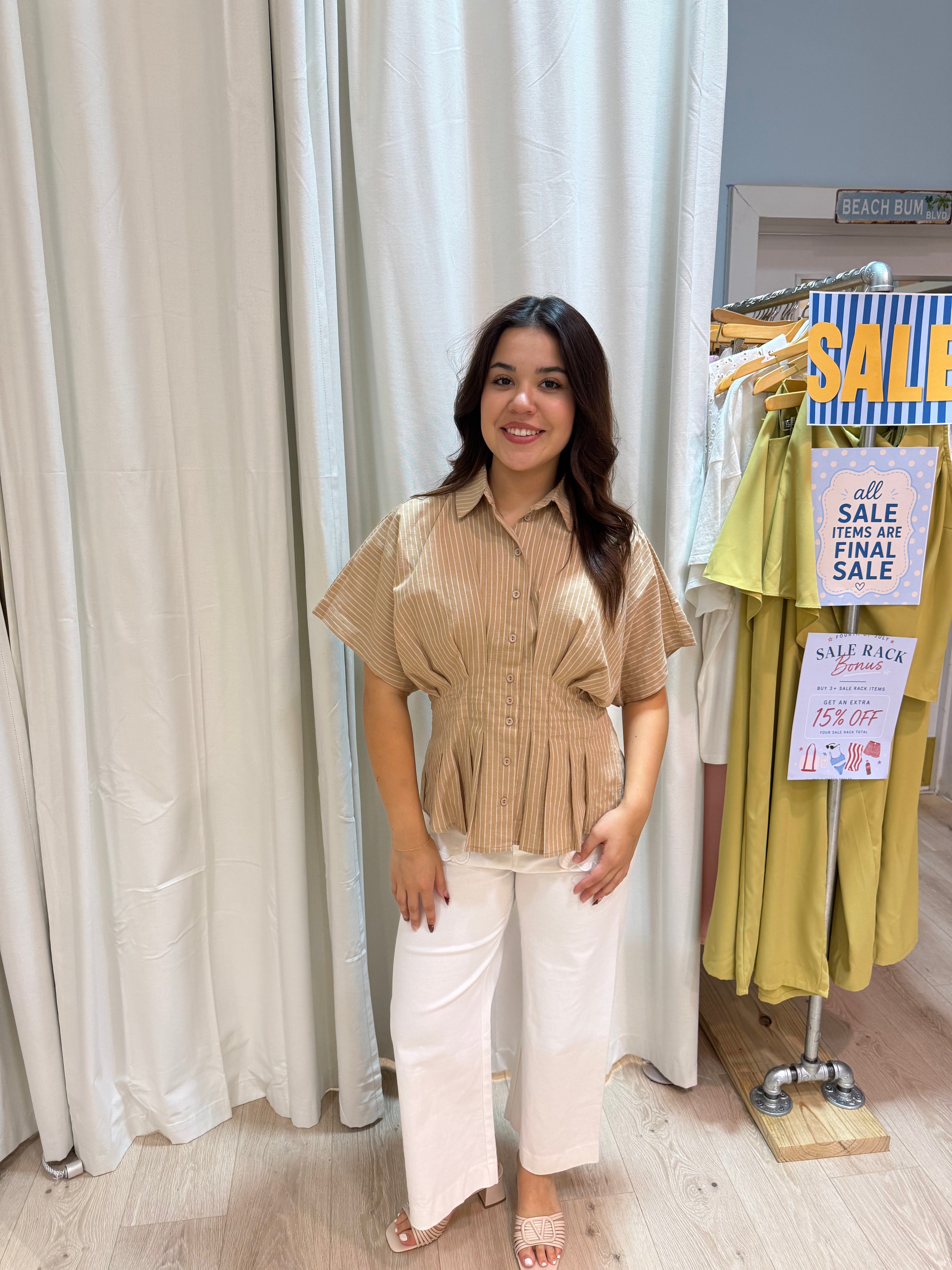 beige stripped button up