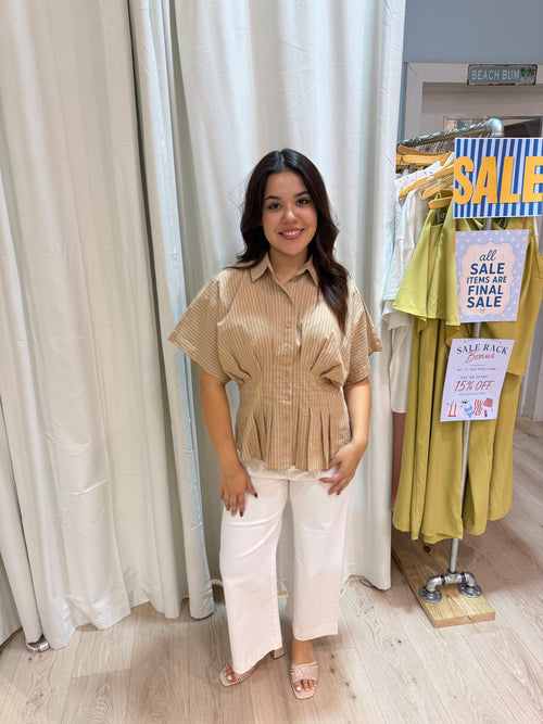 beige stripped button up