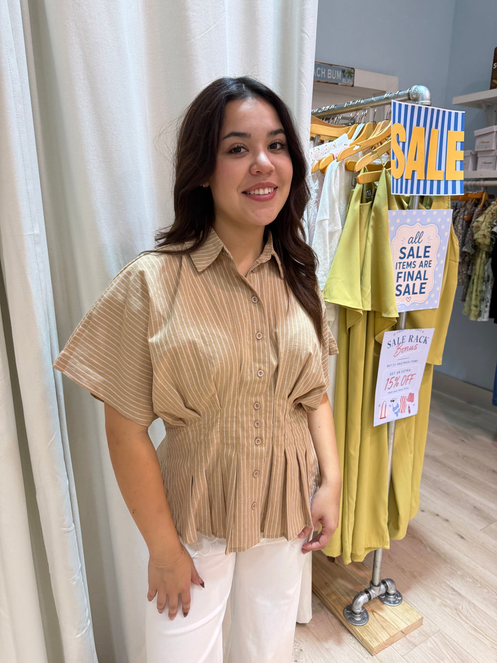 beige stripped button up