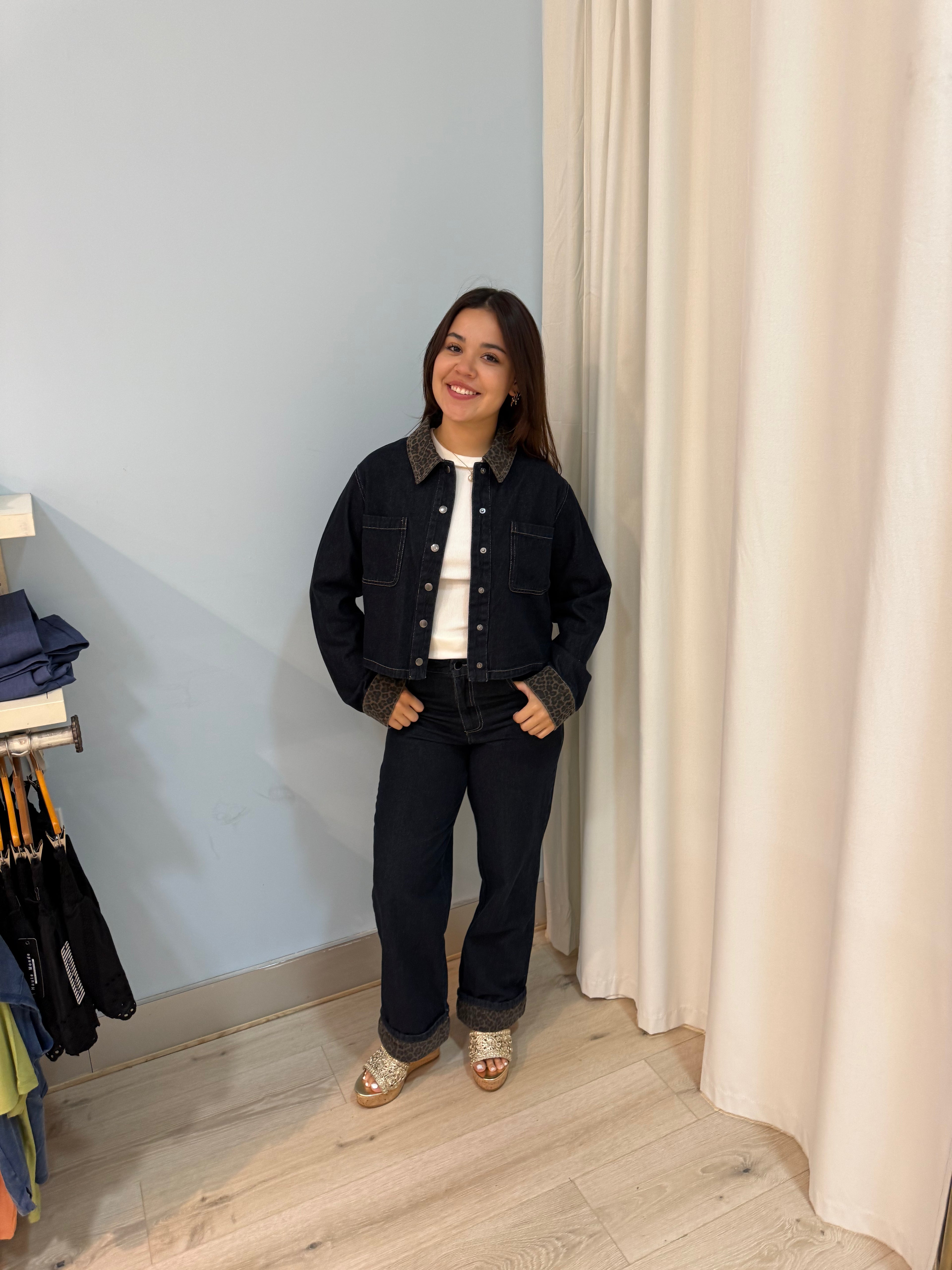 denim leopard cuff jacket