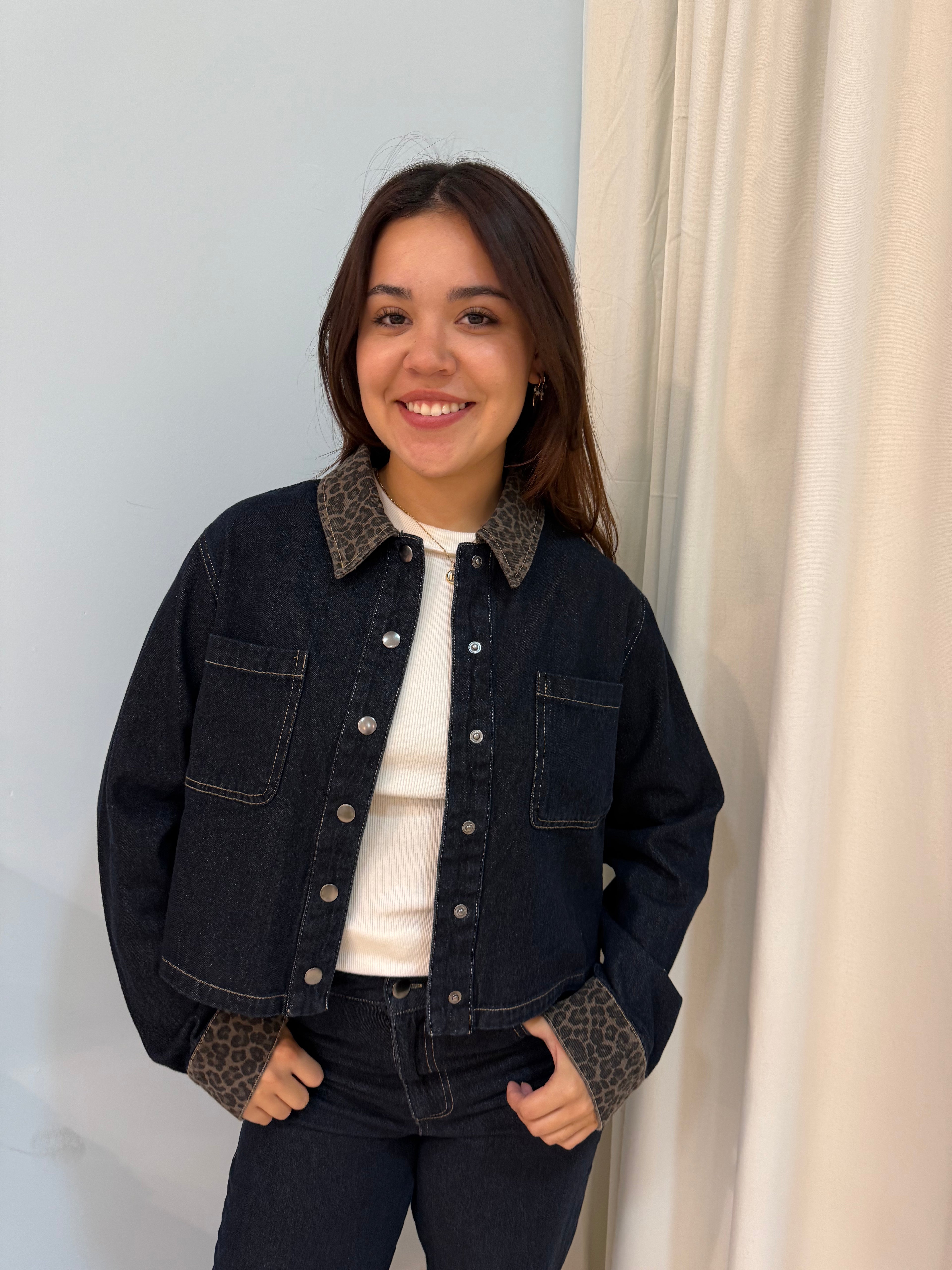 denim leopard cuff jacket