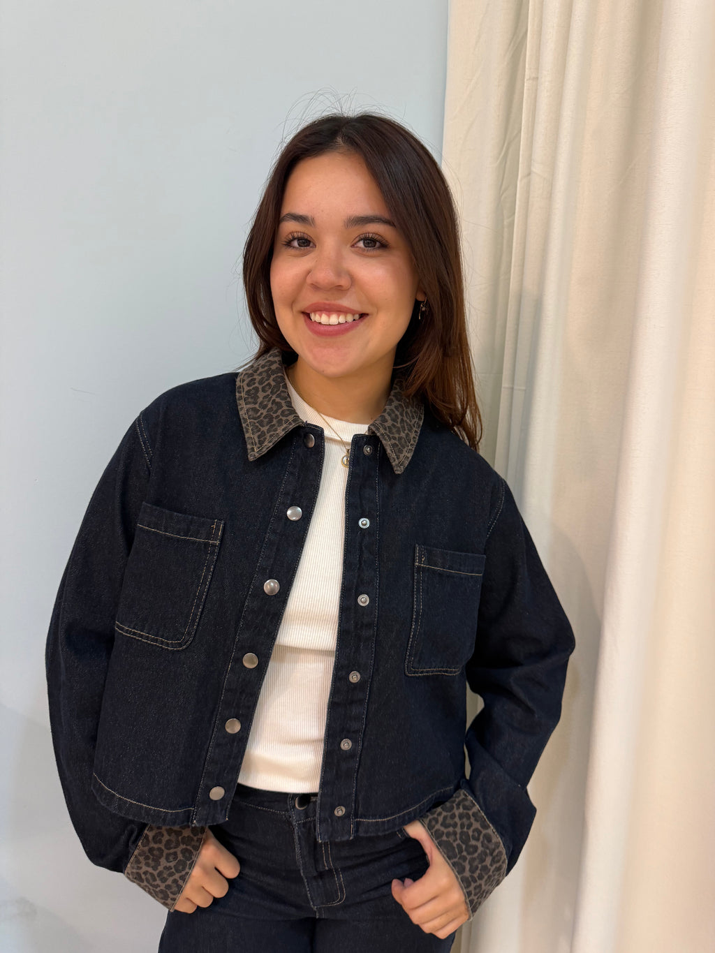 denim leopard cuff jacket
