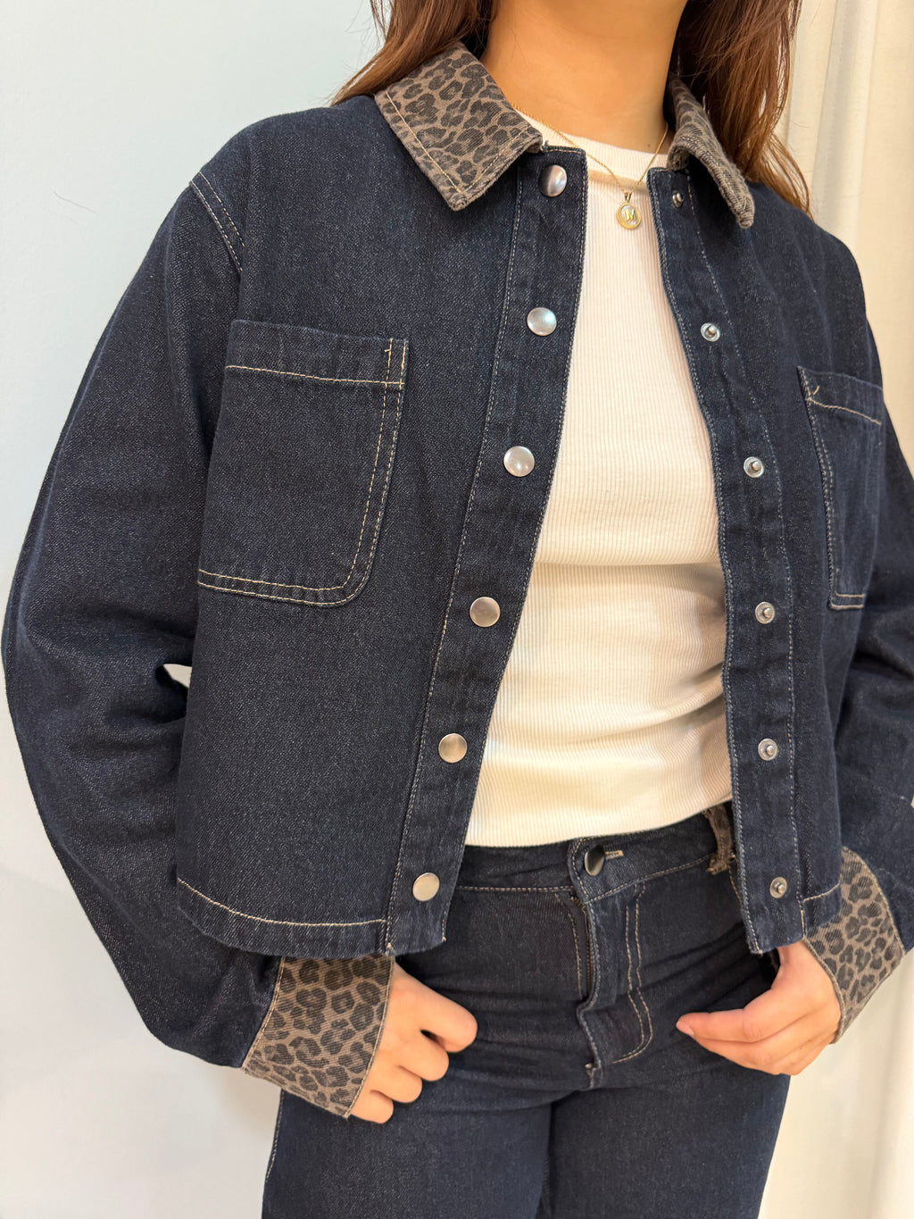 denim leopard cuff jacket