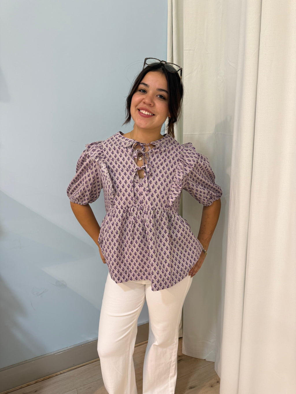 100% cotton ribbon detail top