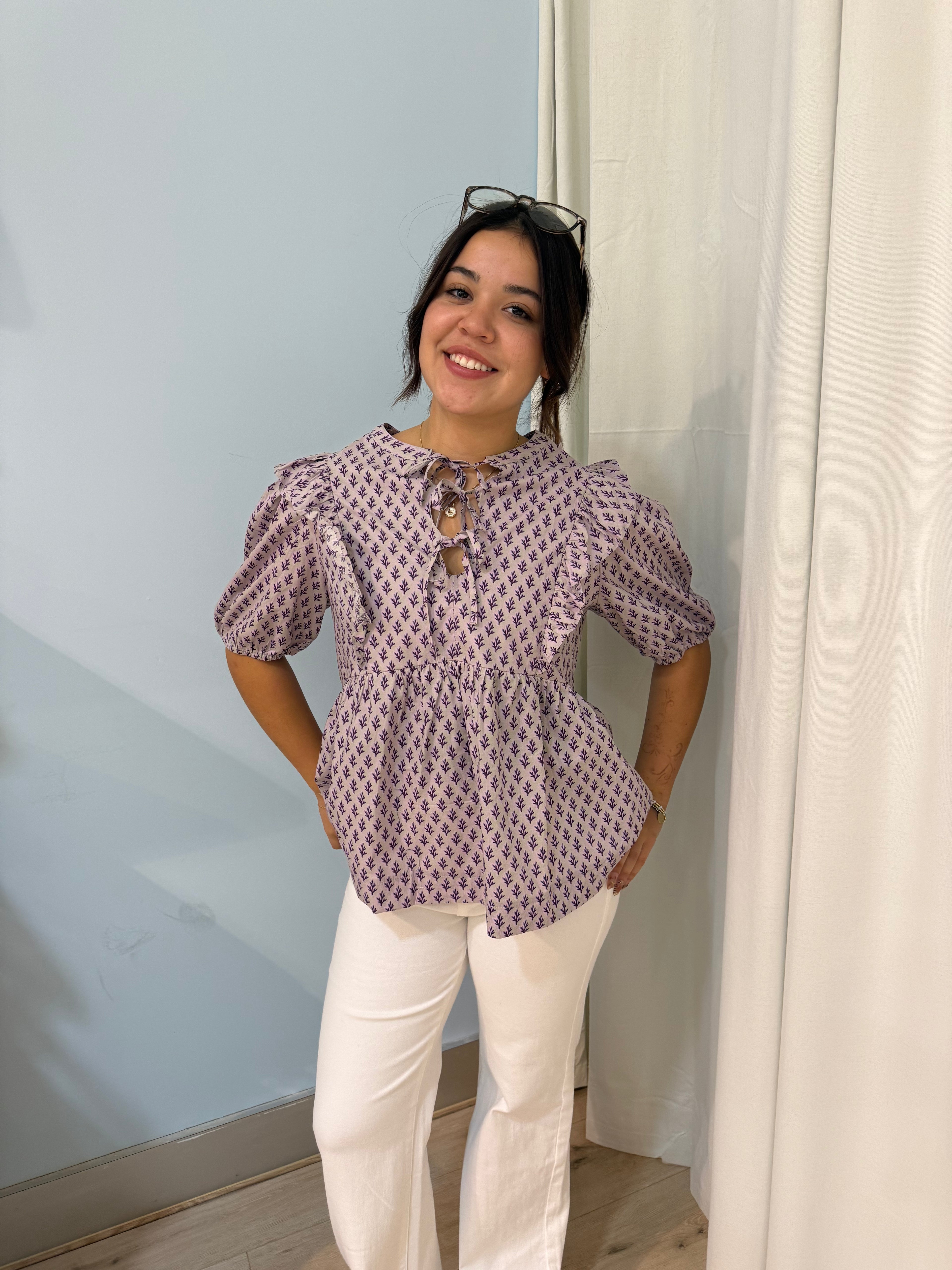 100% cotton ribbon detail top